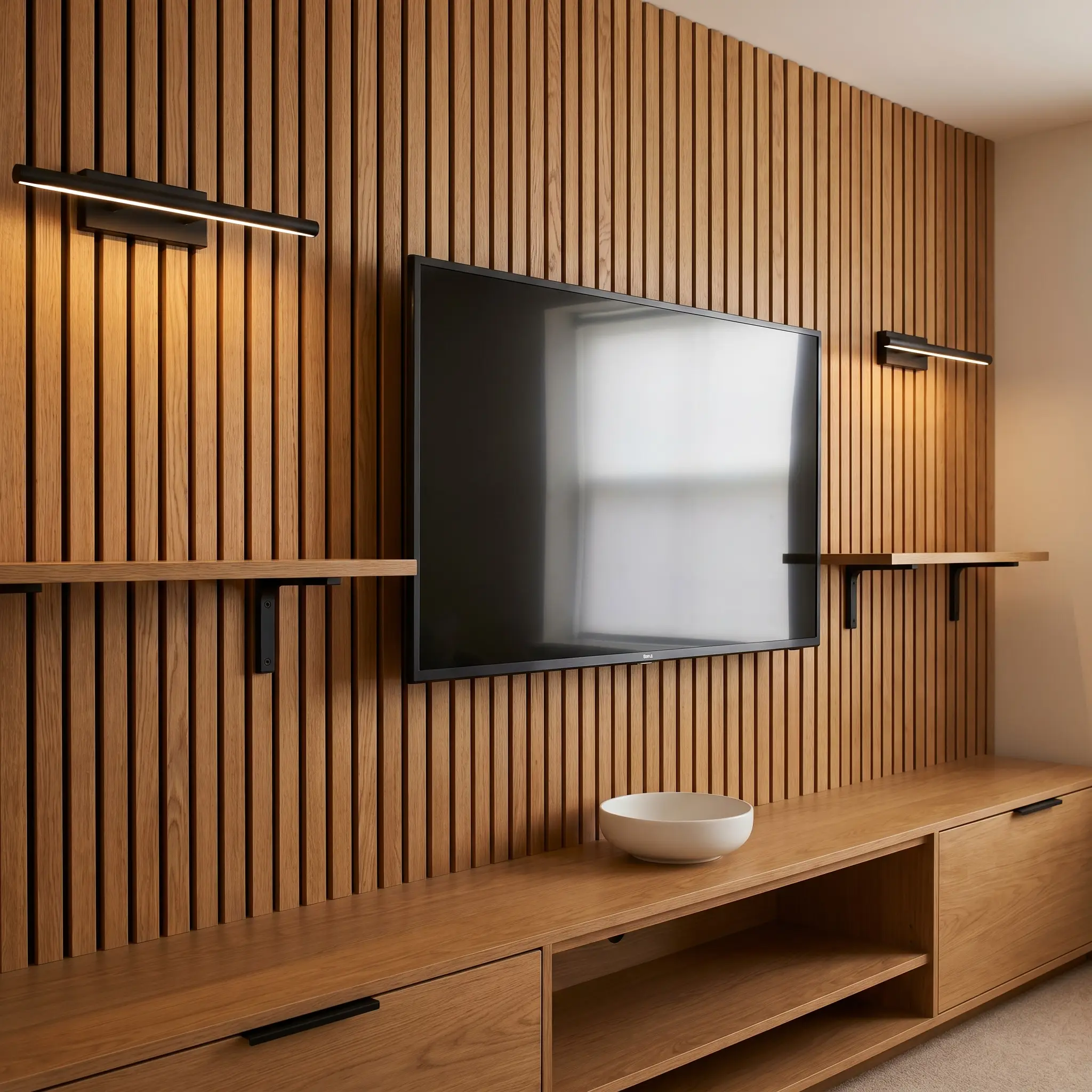 Rich, warm oak vertical slats are punctuated by sharp matte black architectural sconces, powder-coated shelving brackets, and a matching television bezel.