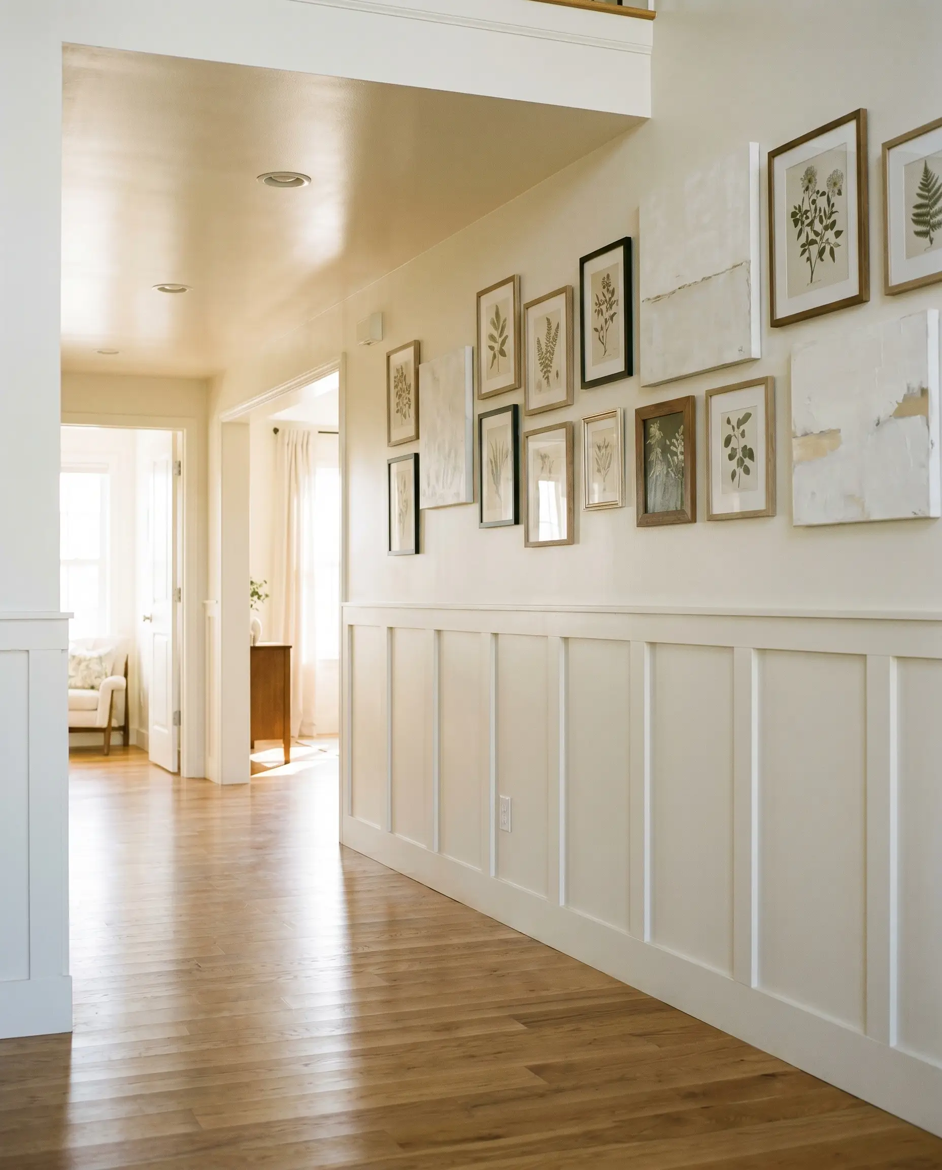 Traditional board and batten picture molding grounds an open-concept hallway featuring an asymmetrical gallery wall of framed botanicals above warm oak flooring.