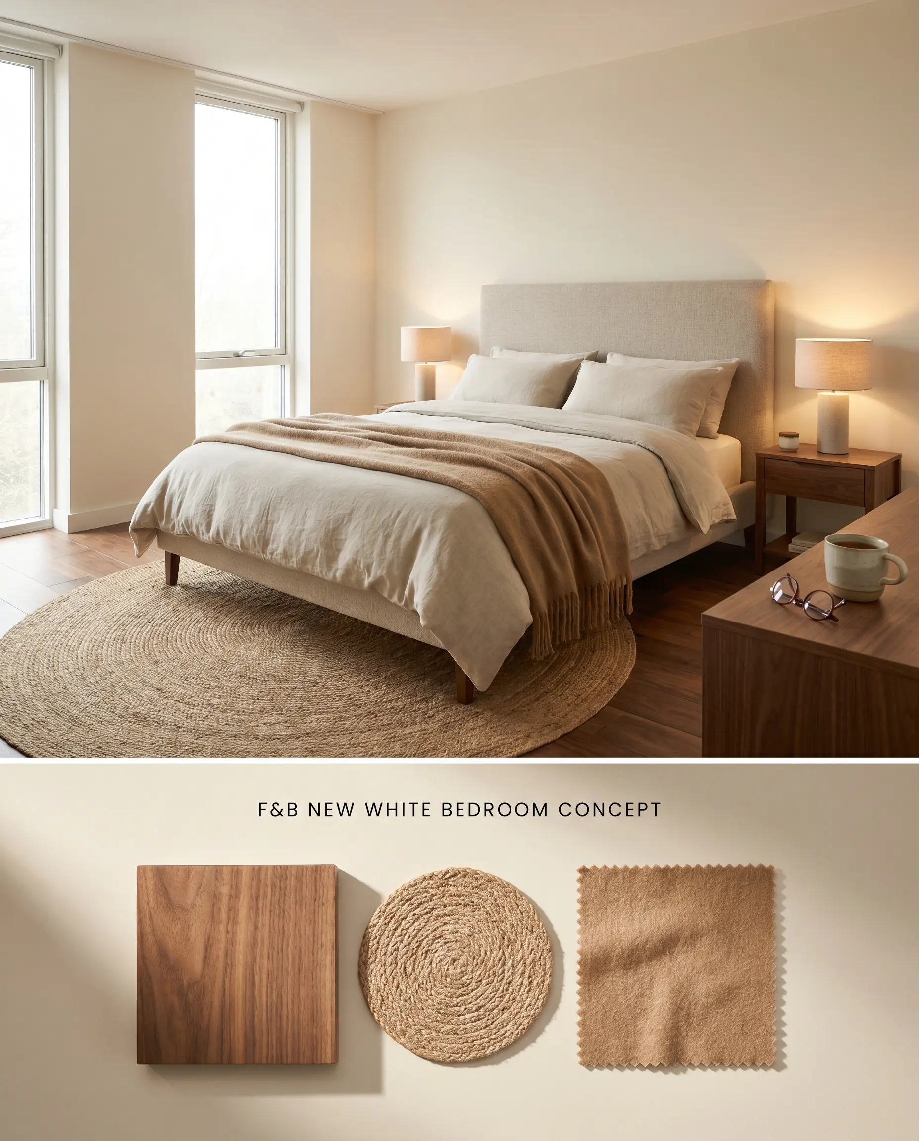 A split digital conceptual board for a cozy bedroom showcasing yellow-based neutral walls above a tactile arrangement of oiled walnut and camel wool.