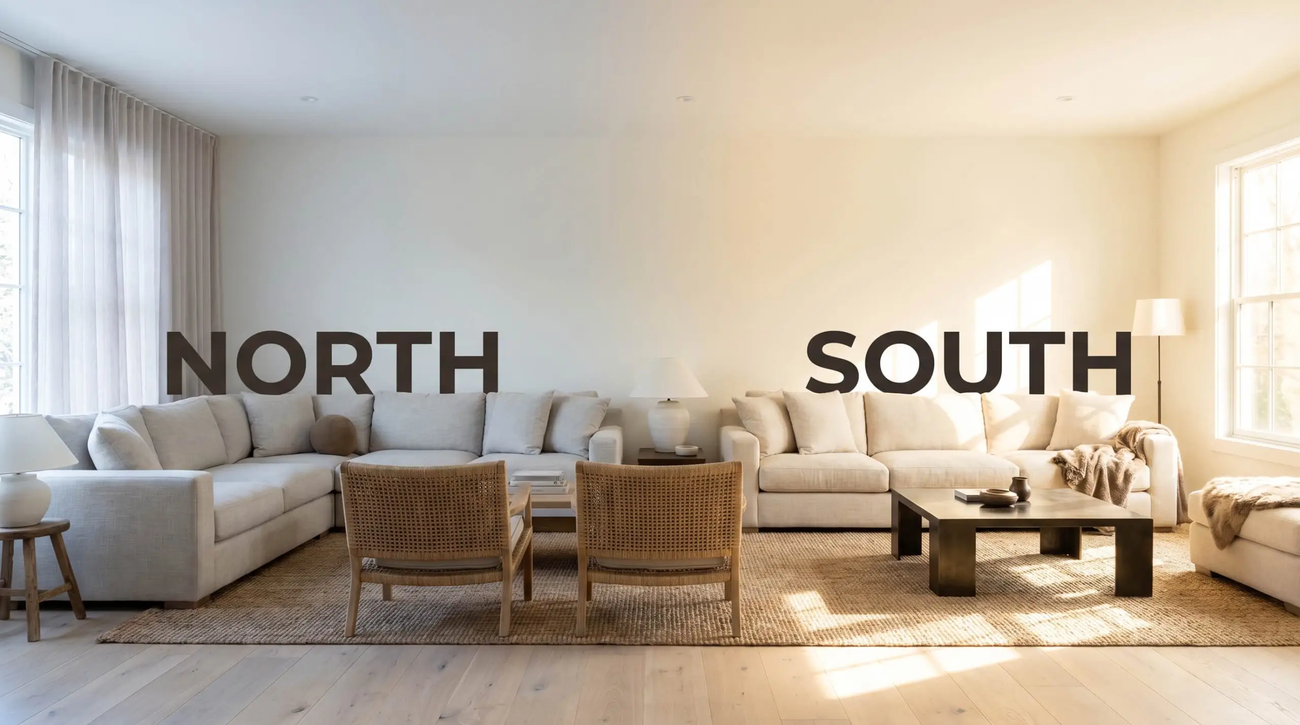 A linen sofa sits in a warm off-white living room, shifting from flat earthy tones in cool Northern light to golden-orange in warm Southern exposure.