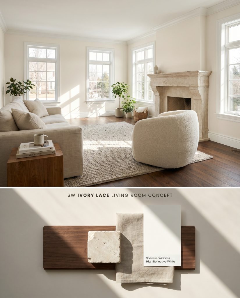 A split digital conceptual board showcasing SW 7013 living room walls above a textured flat-lay of dark walnut and tumbled limestone.