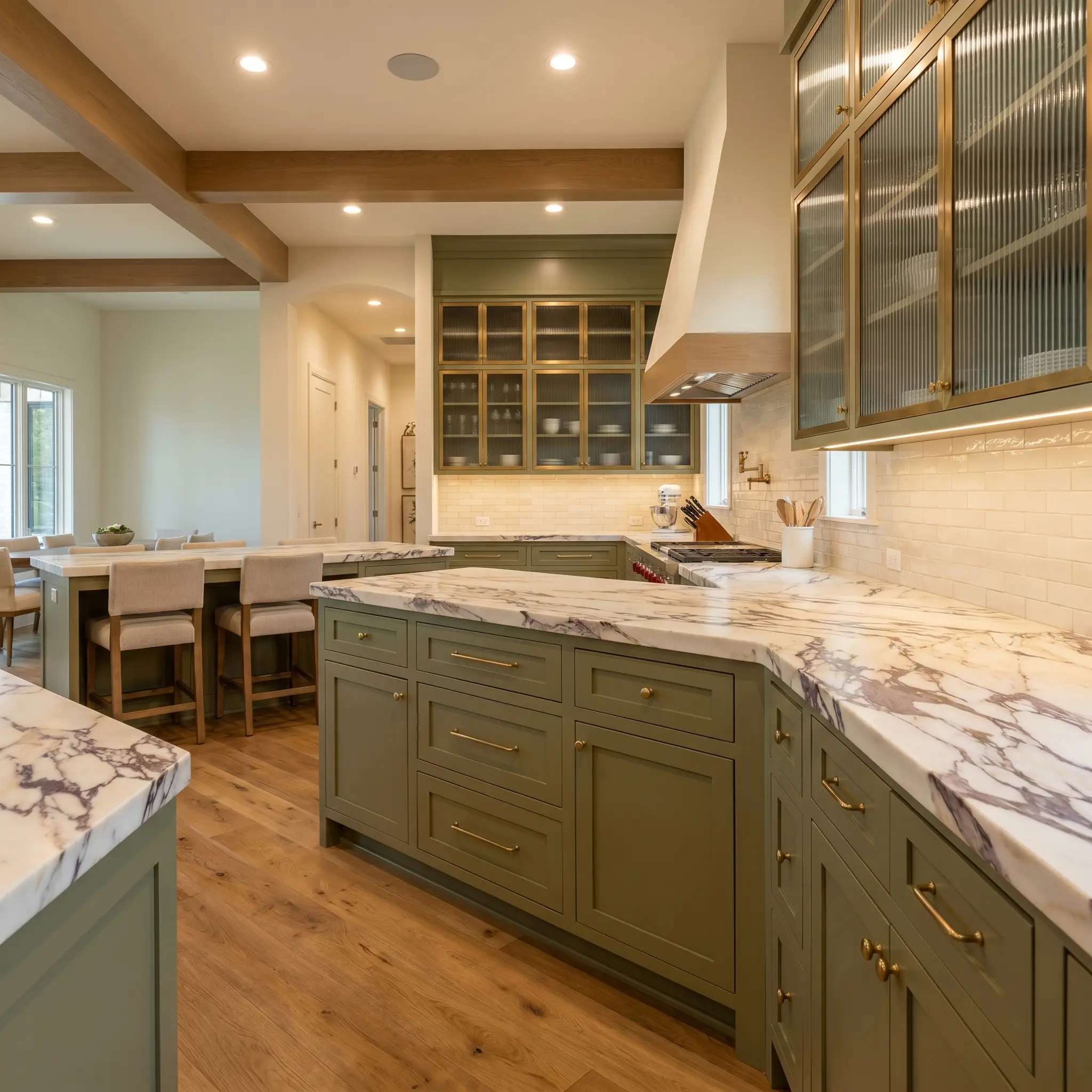 Heavily veined Calacatta Viola marble tops lower cabinetry painted a mid-tone green, accented by unlacquered brass hardware and reeded glass uppers.