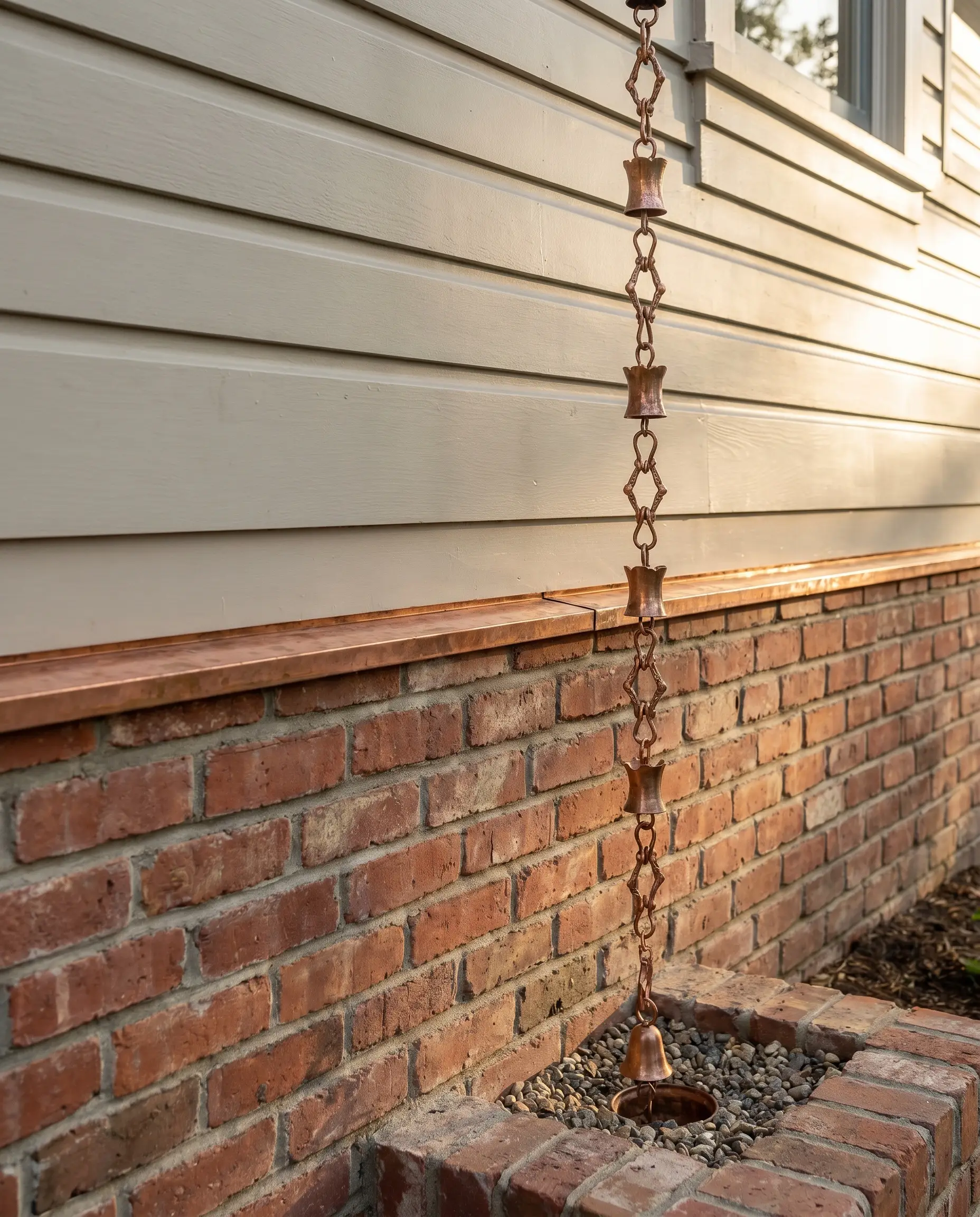 Smooth siding painted in warm putty gray transitions into a heavy red brick foundation, accented by raw copper flashing and a decorative rain chain.
