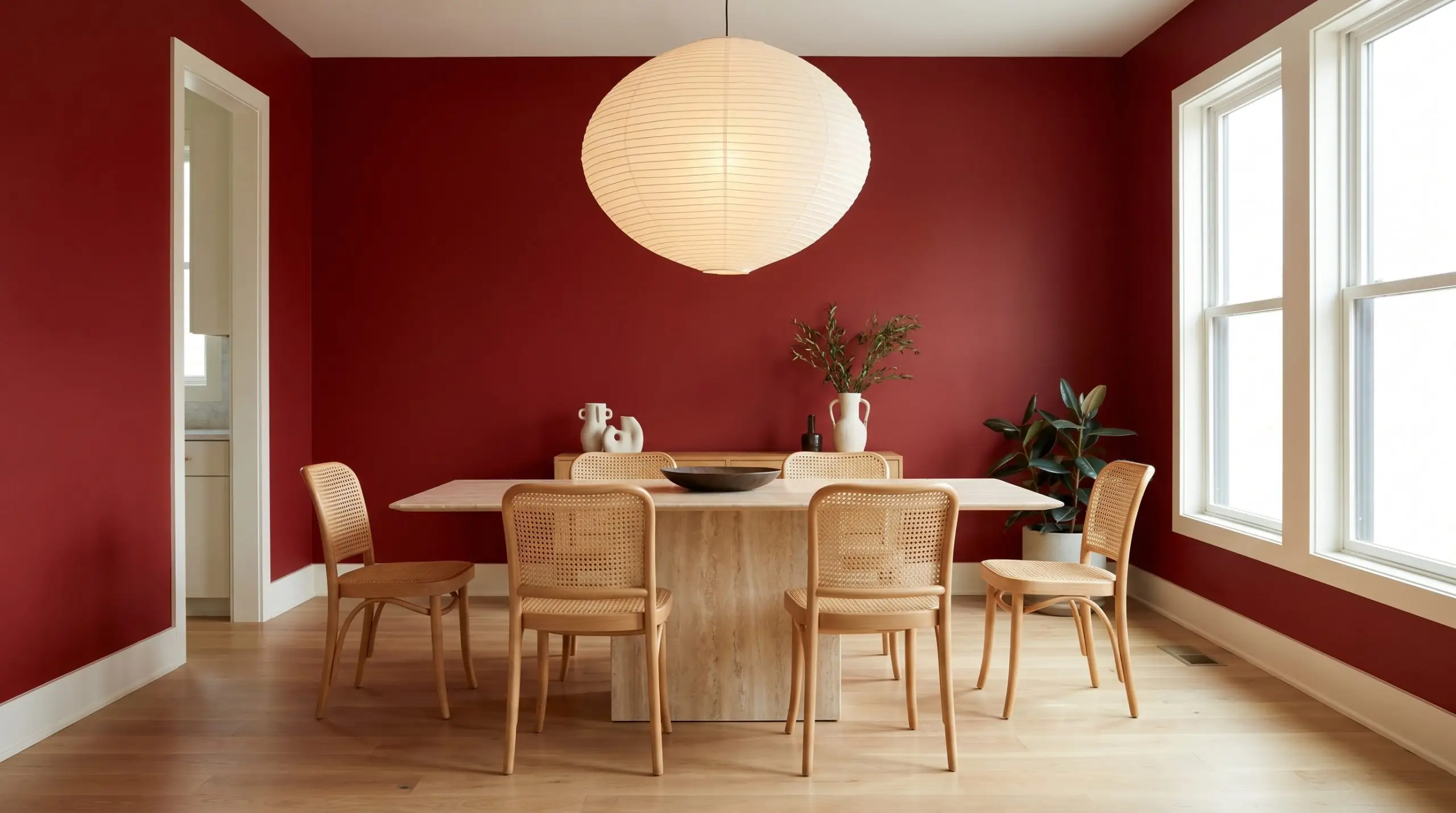A sleek travertine pedestal table and natural cane dining chairs anchor a modern eclectic dining space surrounded by flat crimson walls and warm white oak flooring.