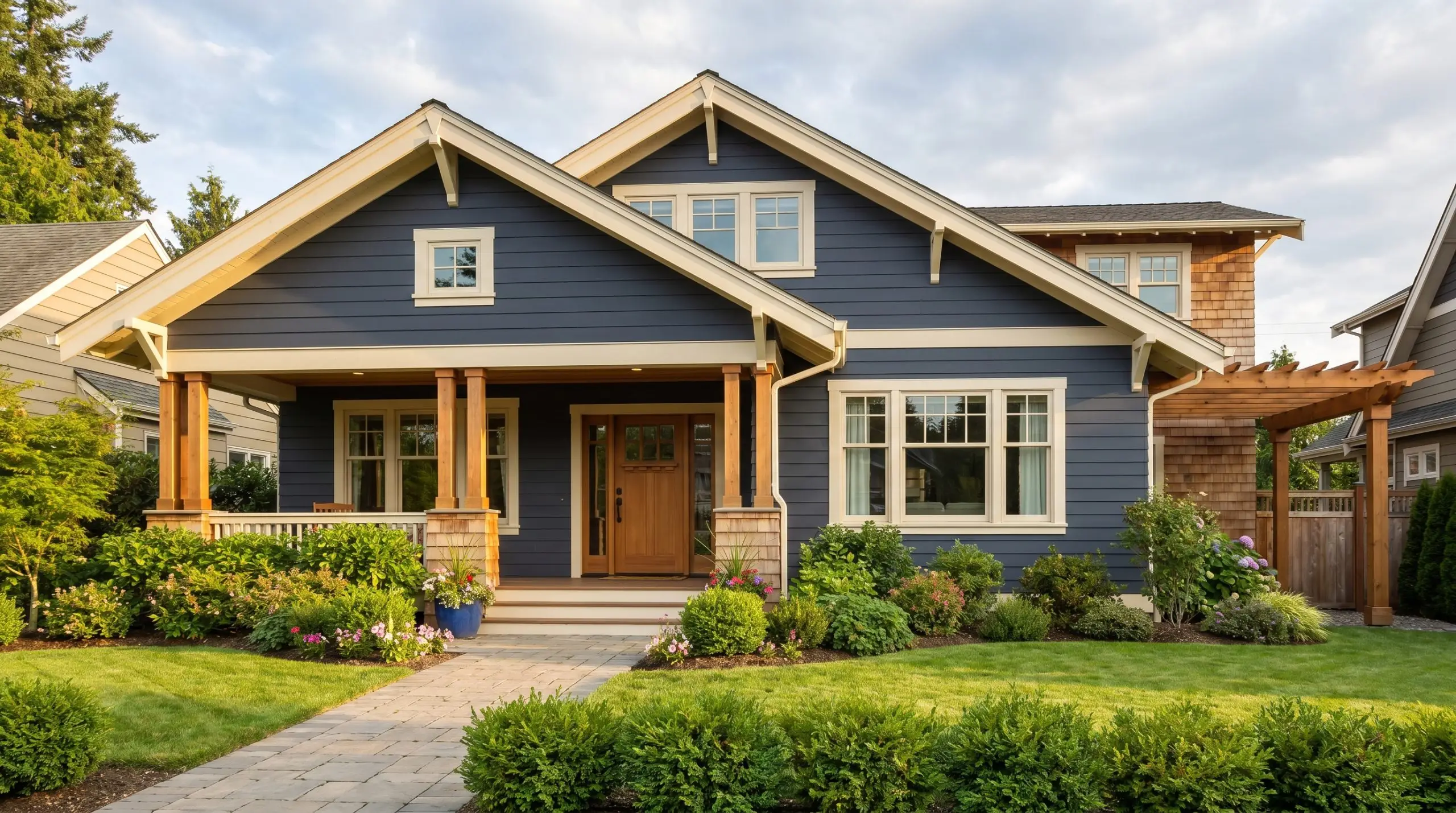 Suburban home exterior trim and window sashes painted in Sherwin-Williams Antique White provide a gentle contrast against dark muted navy blue siding and warm natural wood architectural elements.