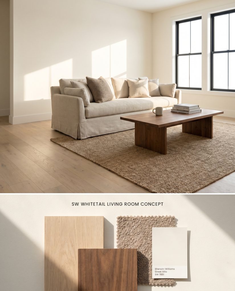 A split digital conceptual board featuring a living room painted in Sherwin-Williams Whitetail above, and a flat-lay of pale oak, walnut, and taupe bouclé below.