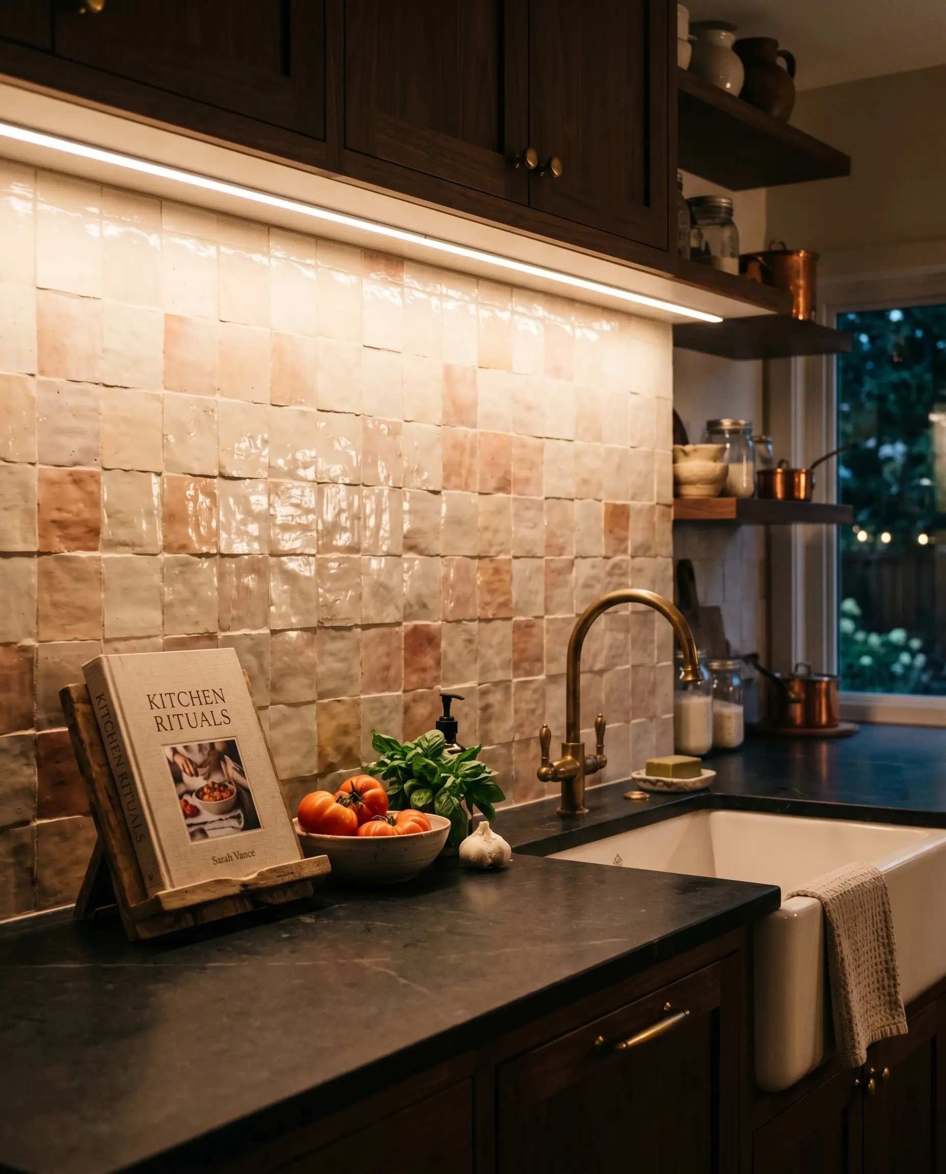 Frosted aluminum channels conceal warm white under-cabinet LED lighting that washes down a glossy cream zellige backsplash kitchen ideas installation above dark countertops.
