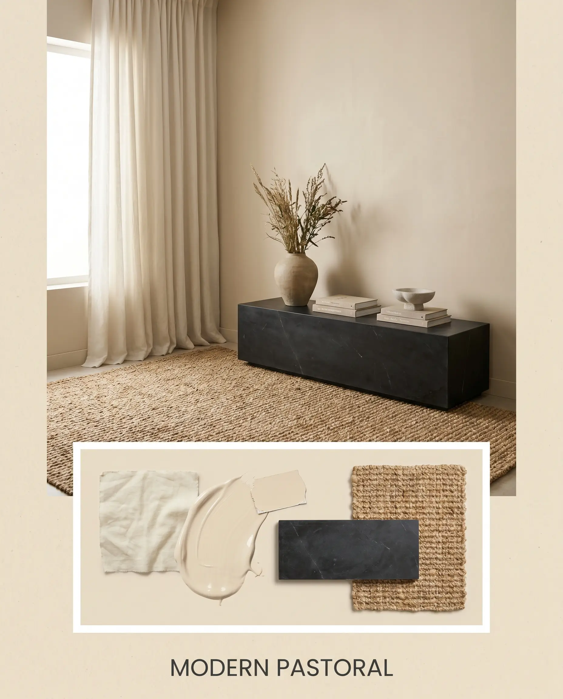 Seamless washed linen drapery and a dark honed soapstone console table anchor a creamy neutral space above a flat-lay of woven jute material and tactile fabric swatches.