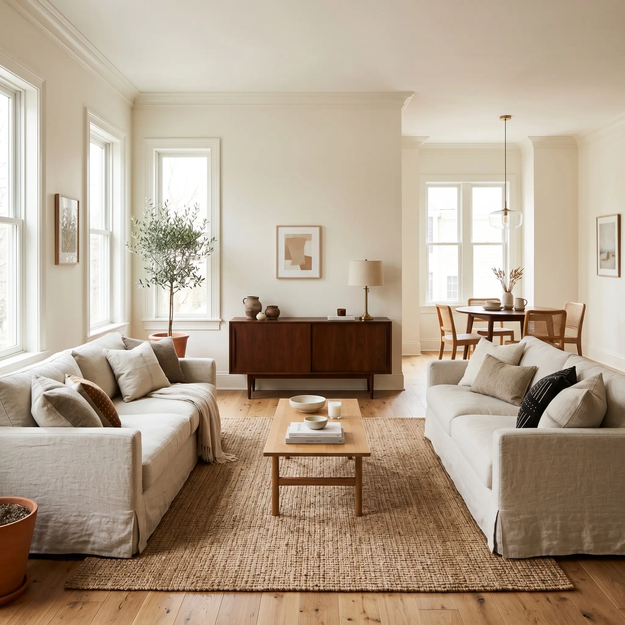 Slipcovered washed linen sofas and a large textured jute rug face a mid-century walnut credenza inside a cohesive open-plan living and dining area.