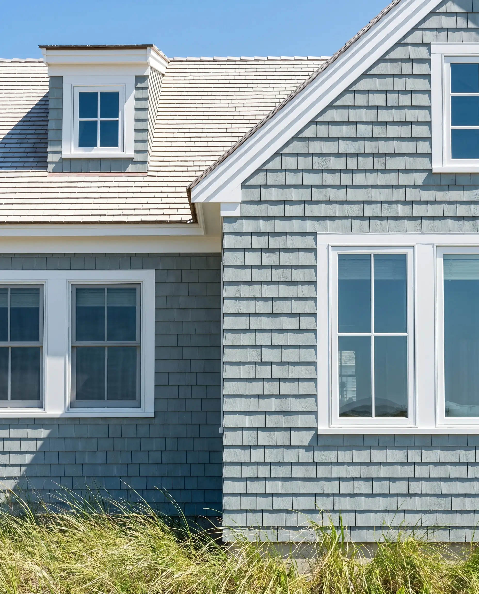 Textured cedar shakes painted in a weathered blue-gray are framed by brilliant white trim beneath a bleached white cedar shingle roof.