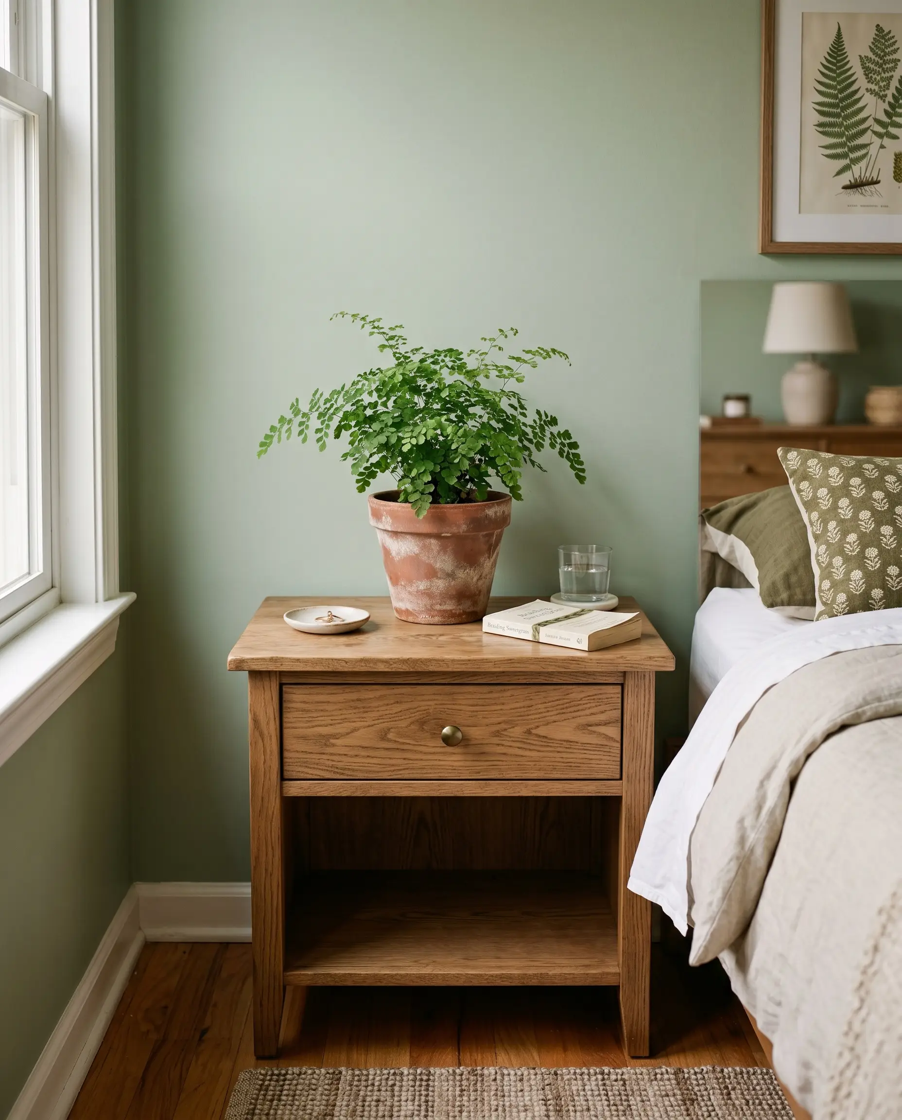 A weathered unglazed terracotta plant pot holding a delicate green fern rests on a standard oak nightstand against a sage green wall.