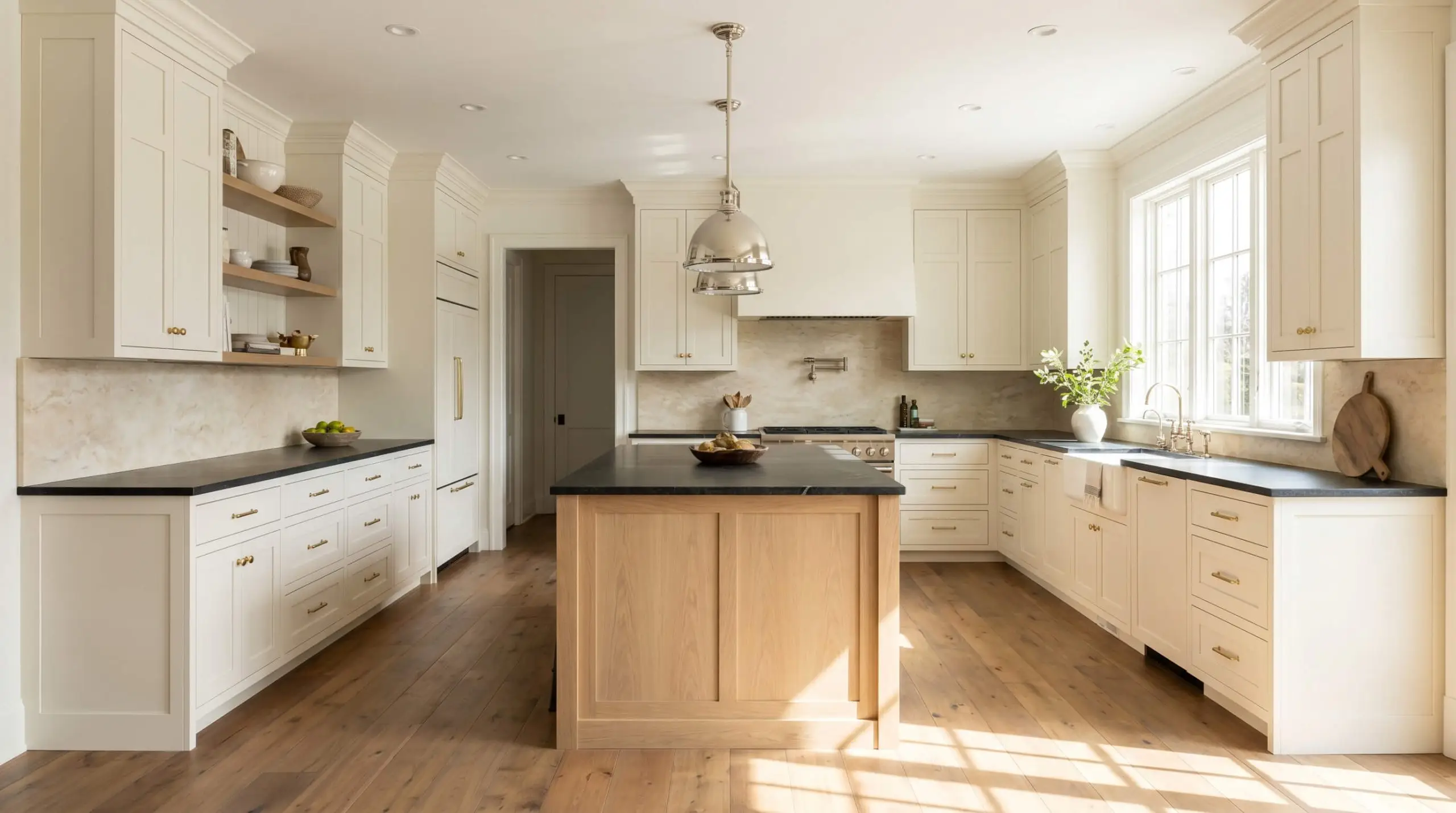 Unlacquered brass hardware and dark honed soapstone countertops accent creamy architectural cabinetry paired with a natural white oak island and polished nickel pendant lights.