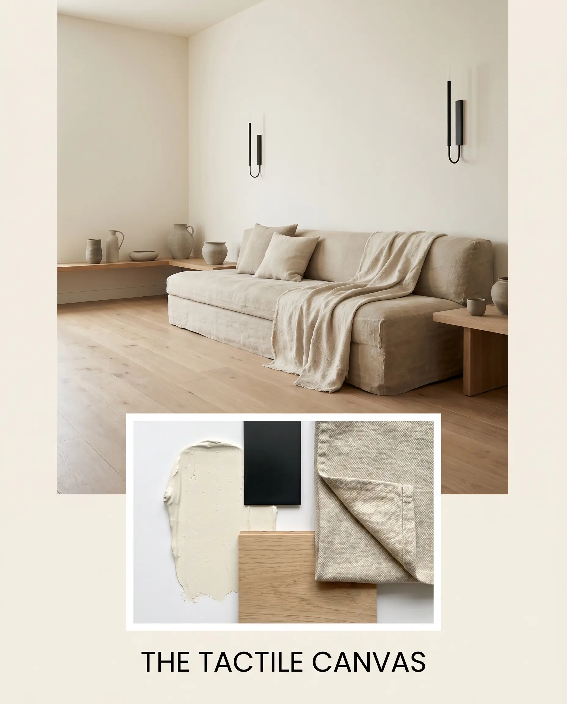 Minimalist unglazed pottery and matte black steel wall sconces sit above a flat-lay featuring natural white oak and a swatch of stonewashed canvas.