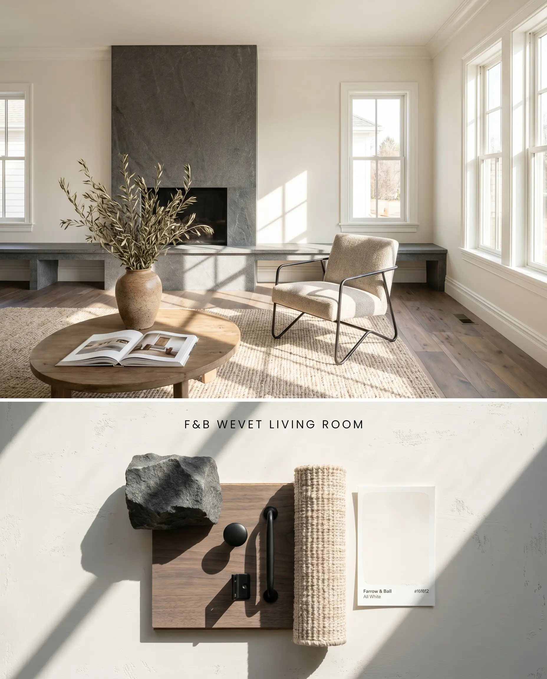 A composite digital conceptual board illustrating a living room displaying translucent white walls above a textured flat-lay of honed basalt and walnut wood samples.