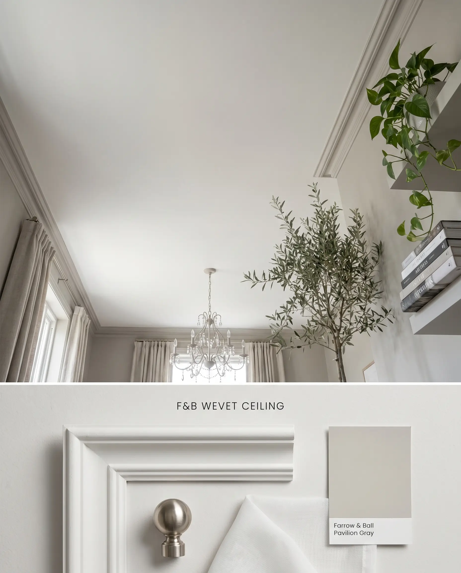 A dual-perspective digital conceptual board for an upward-angled ceiling application showing a cool grey undertone above a flat-lay of plaster molding and brushed nickel.