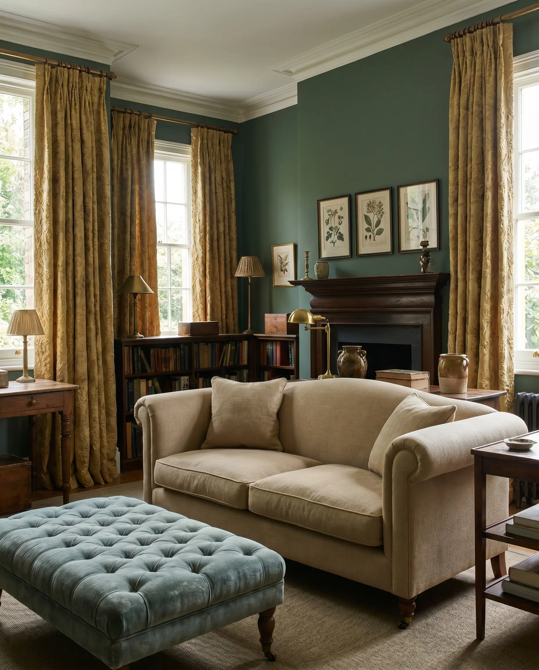 Antique gold jacquard curtains for emerald green walls complement a tufted velvet ottoman and classic roll-arm sofa in a bespoke traditional living room.