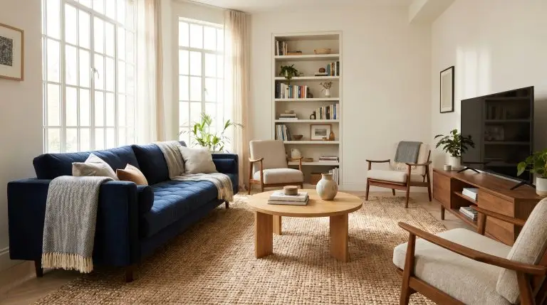 14 Rug Colors to Pair With a Navy Blue Sofa (Without Making the Room Feel Dark)