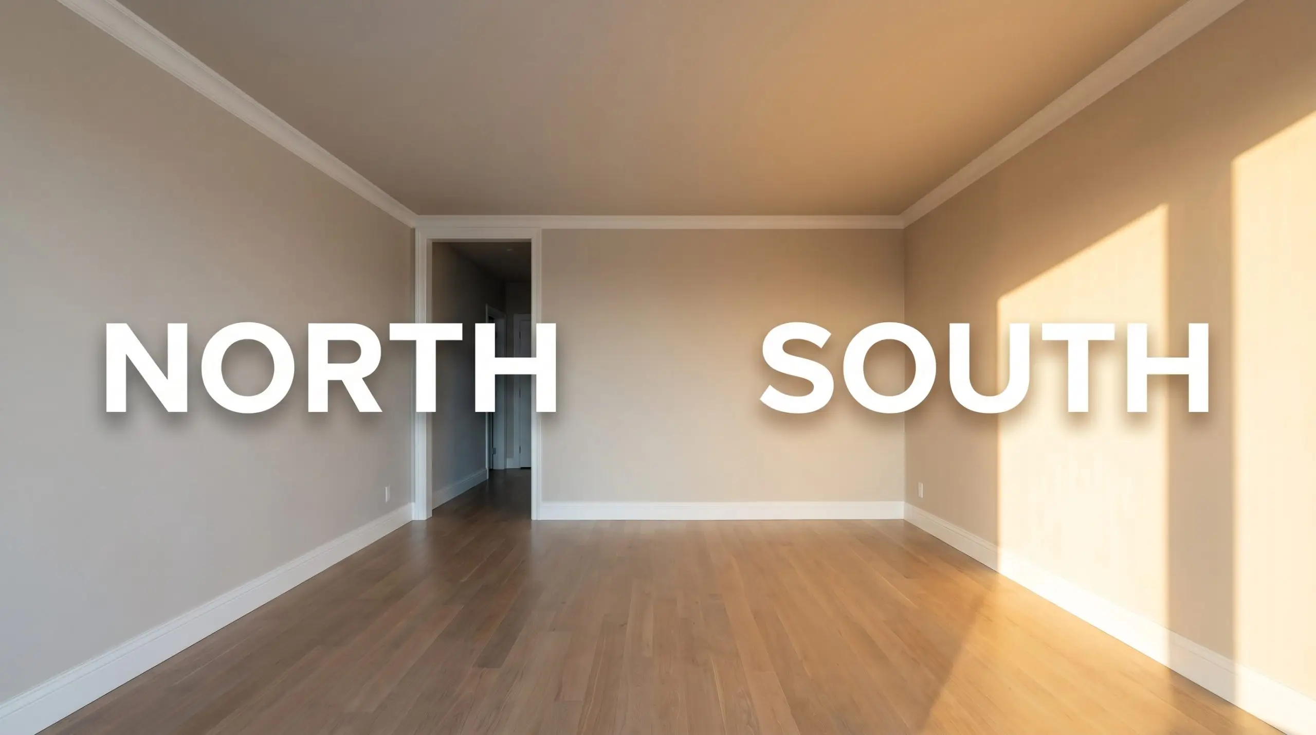 A split-screen lighting comparison of an empty living room, shifting from a cool stony shadow in Northern light to intense warmth in Southern exposure.