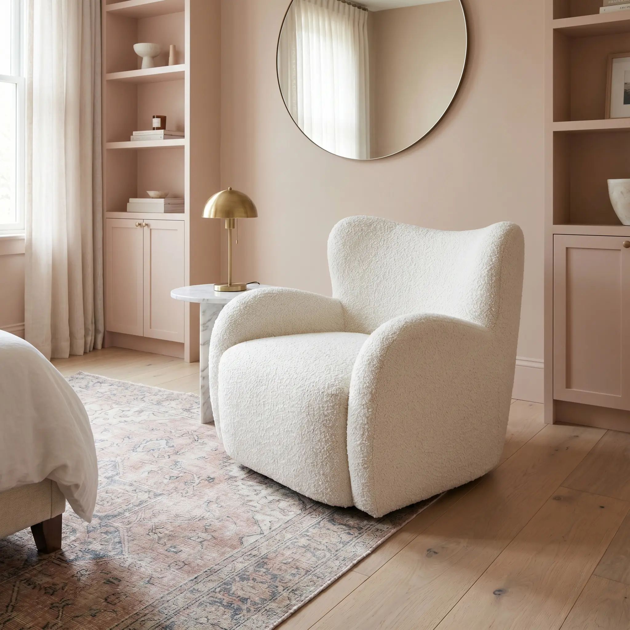 A crisp white high-pile bouclé accent chair rests on a vintage Turkish Oushak rug, completing this luxury pink girl bedroom design with Setting Plaster walls.