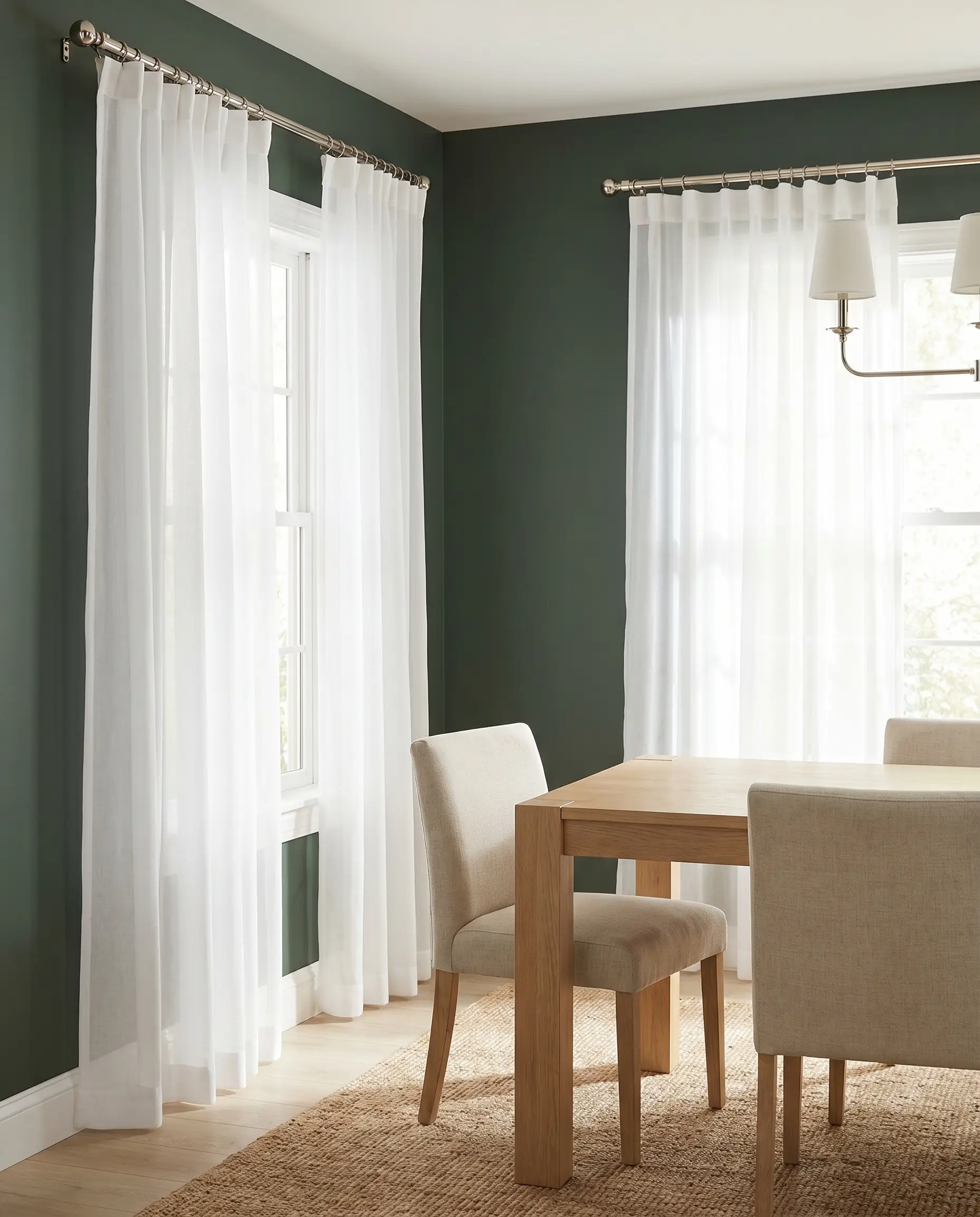 Crisp white cotton voile curtains hang from a polished nickel French return rod over a light oak dining table and upholstered chairs.