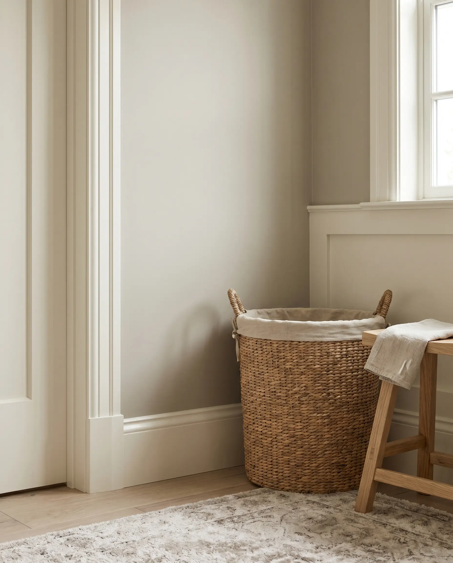 Creamy White Dove painted baseboards and trim line the floor of a cozy bathroom corner featuring a woven laundry basket and light oak stool.