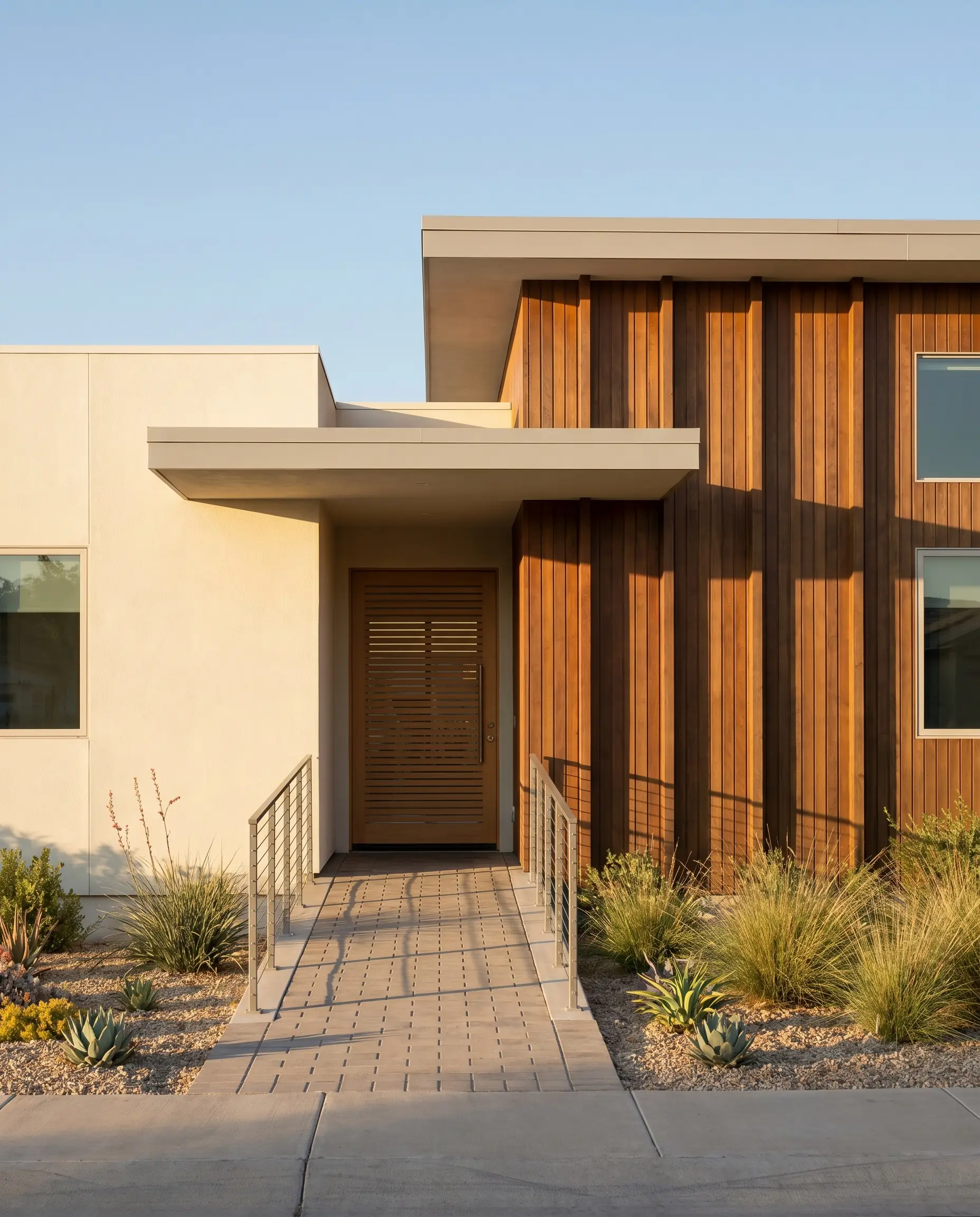A modern cream and brown house exterior pairs White Dove fine-sand stucco with clear vertical grain cedar cladding alongside a sleek entryway.