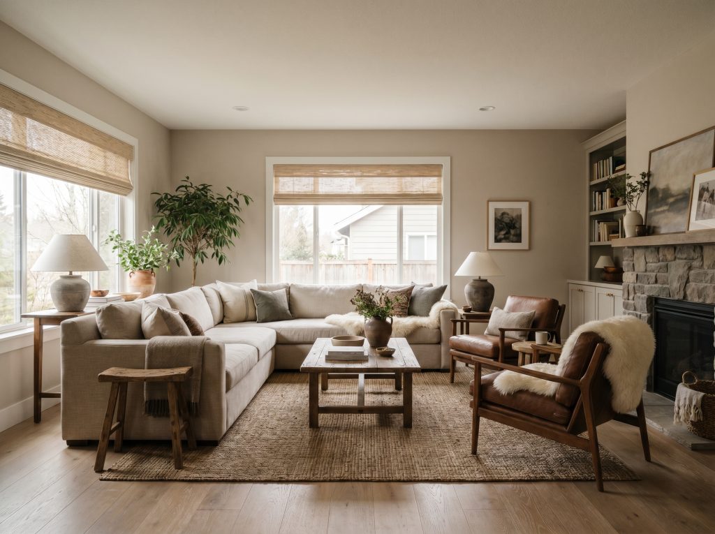 Matte rift-sawn white oak flooring grounds a cozy seating arrangement inside a sherwin williams accessible beige living room.