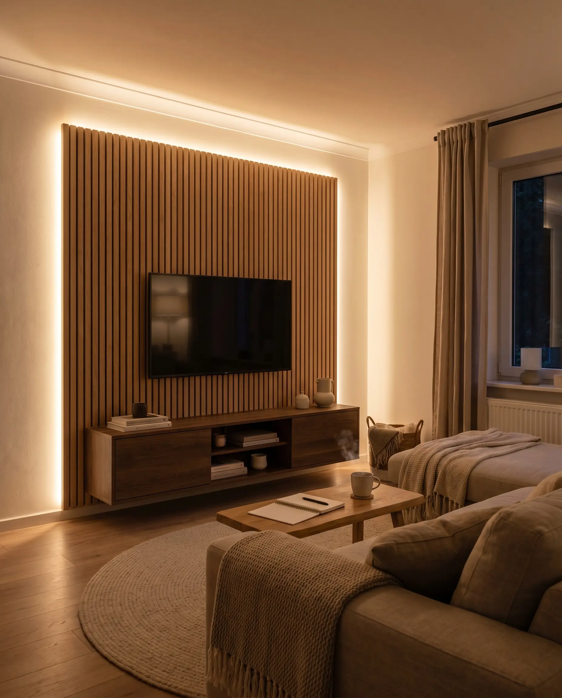 Warm LED strip lighting glows softly from behind the outer edge of a white oak slat panel wall surrounding a minimal floating media console.