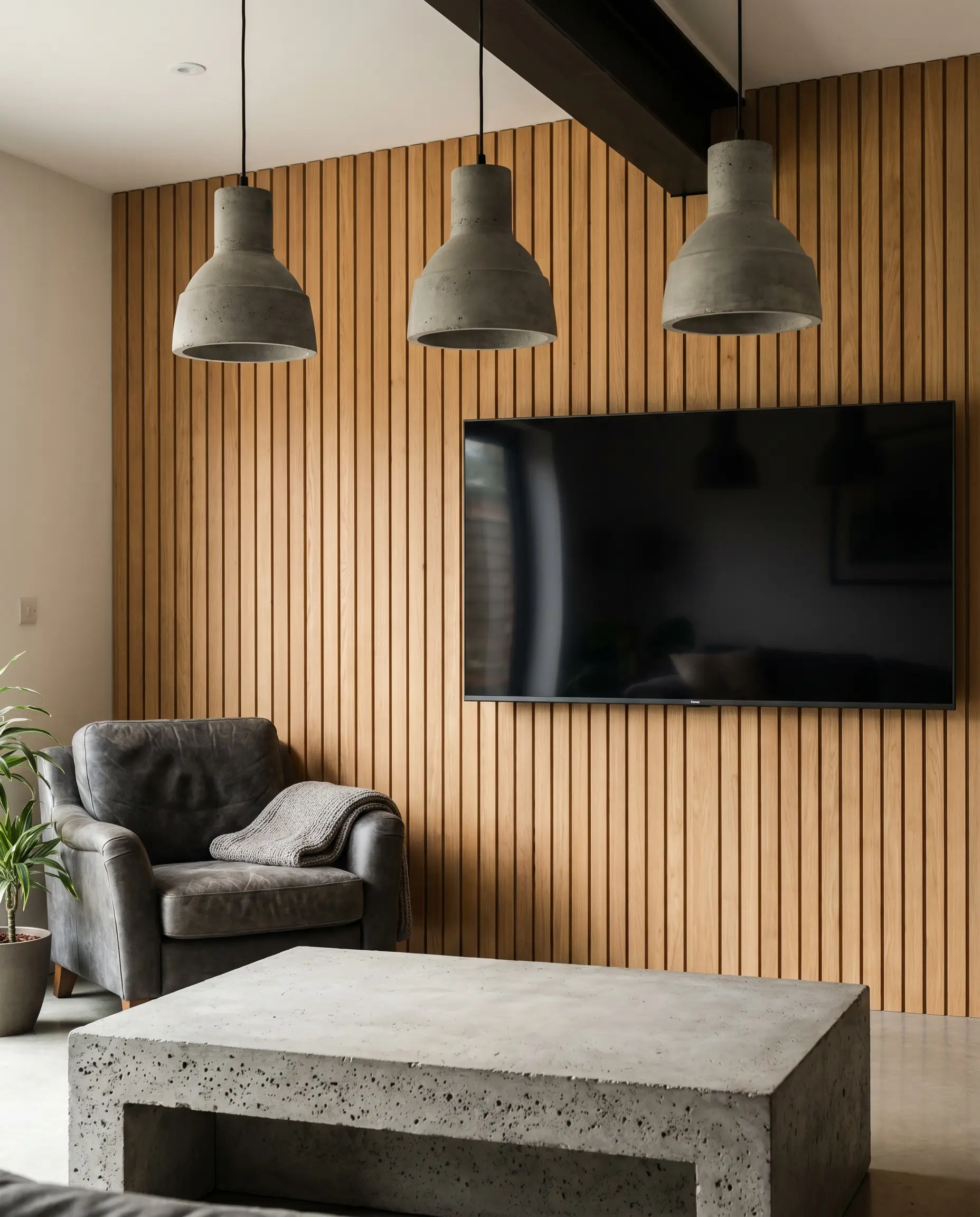 Smooth white oak vertical slats form a warm television backdrop, sharply contrasted by a raw, porous concrete coffee table and heavy concrete pendant lights.