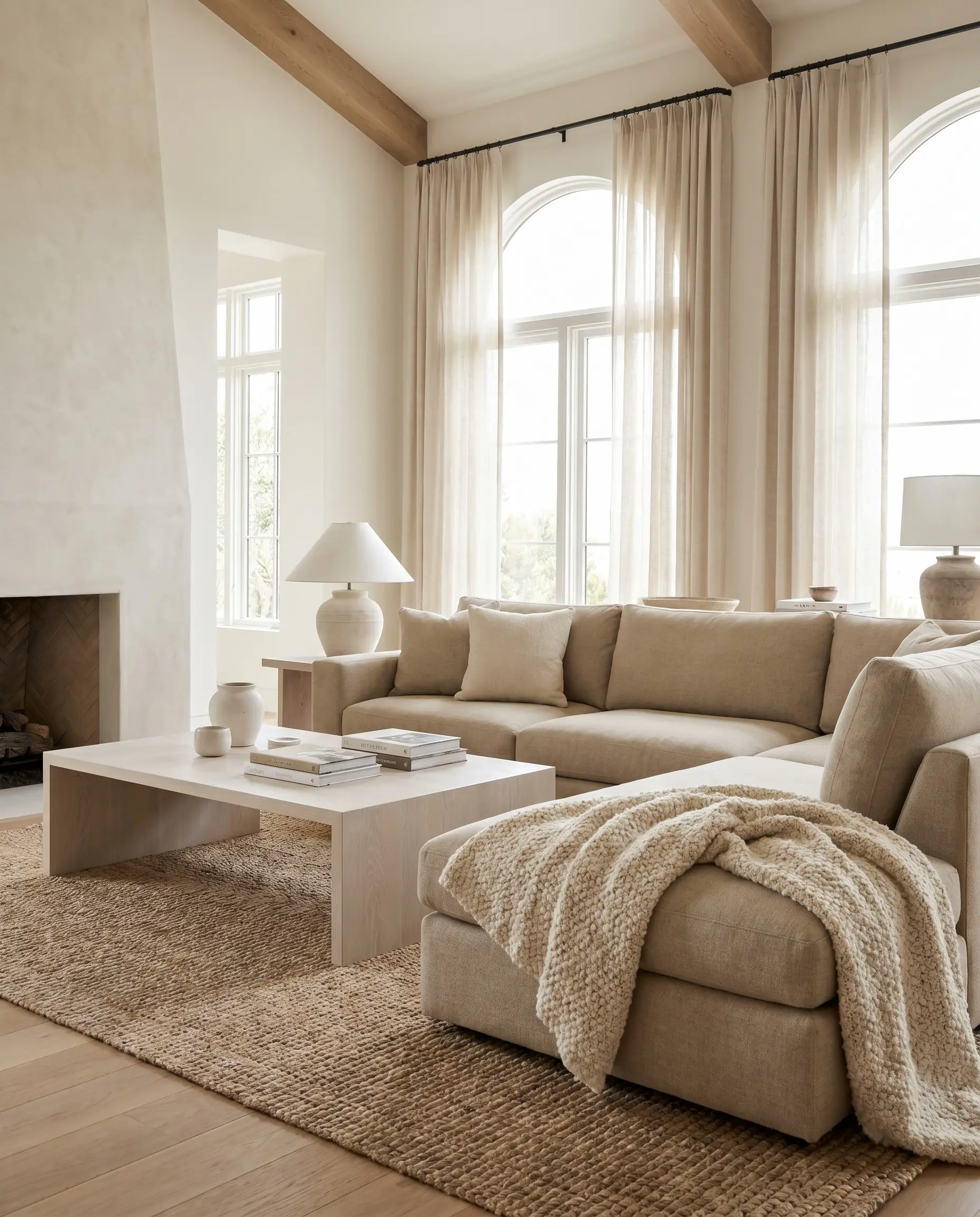 A linear rift-sawn white oak coffee table with a matte whitewash finish pairs with a warm sofa draped in a nubby wool throw.