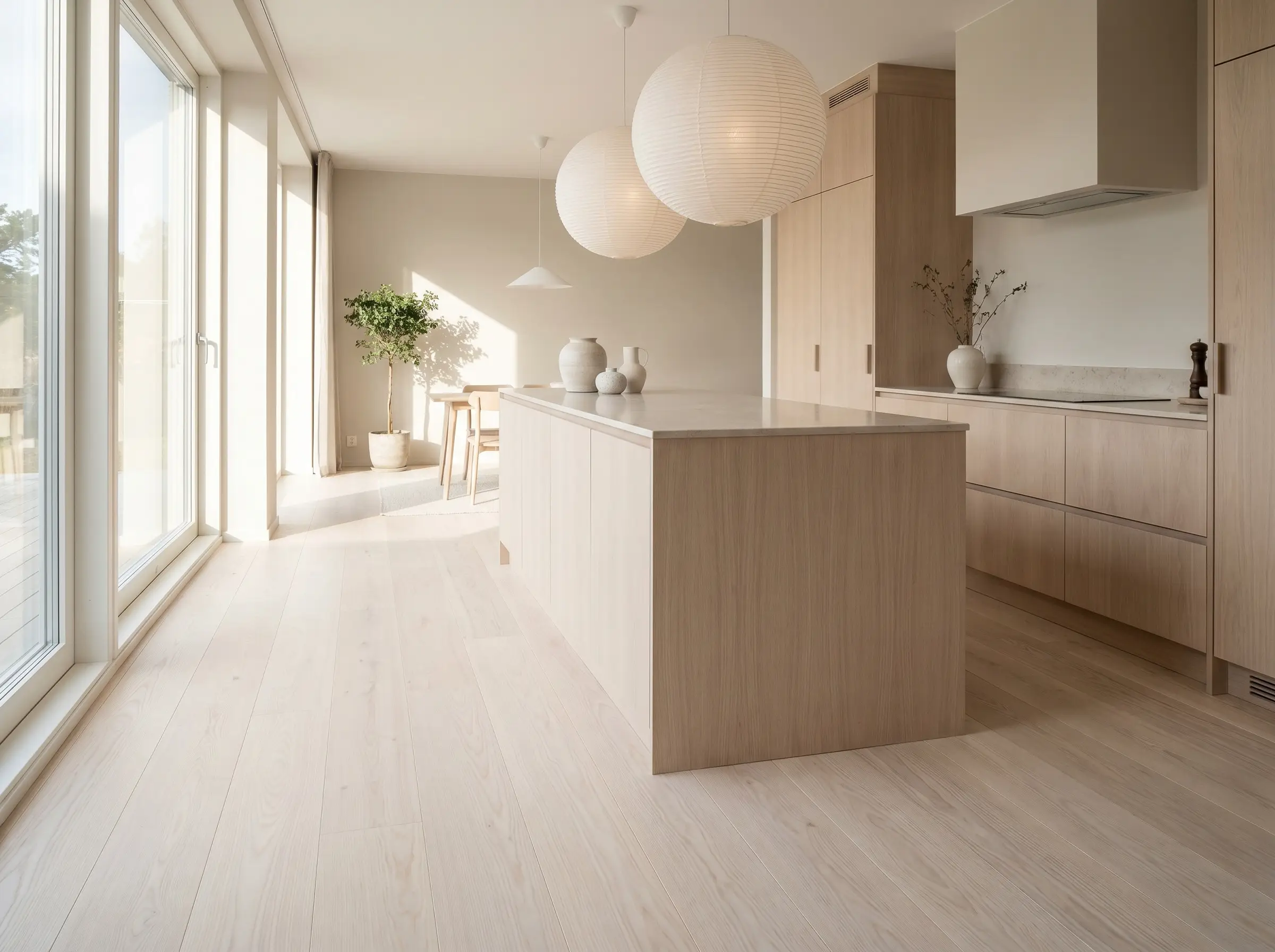 Engineered wide-plank European white ash flooring runs parallel to Scandi-inspired cabinetry, a minimalist kitchen island, and oversized paper lantern pendants.