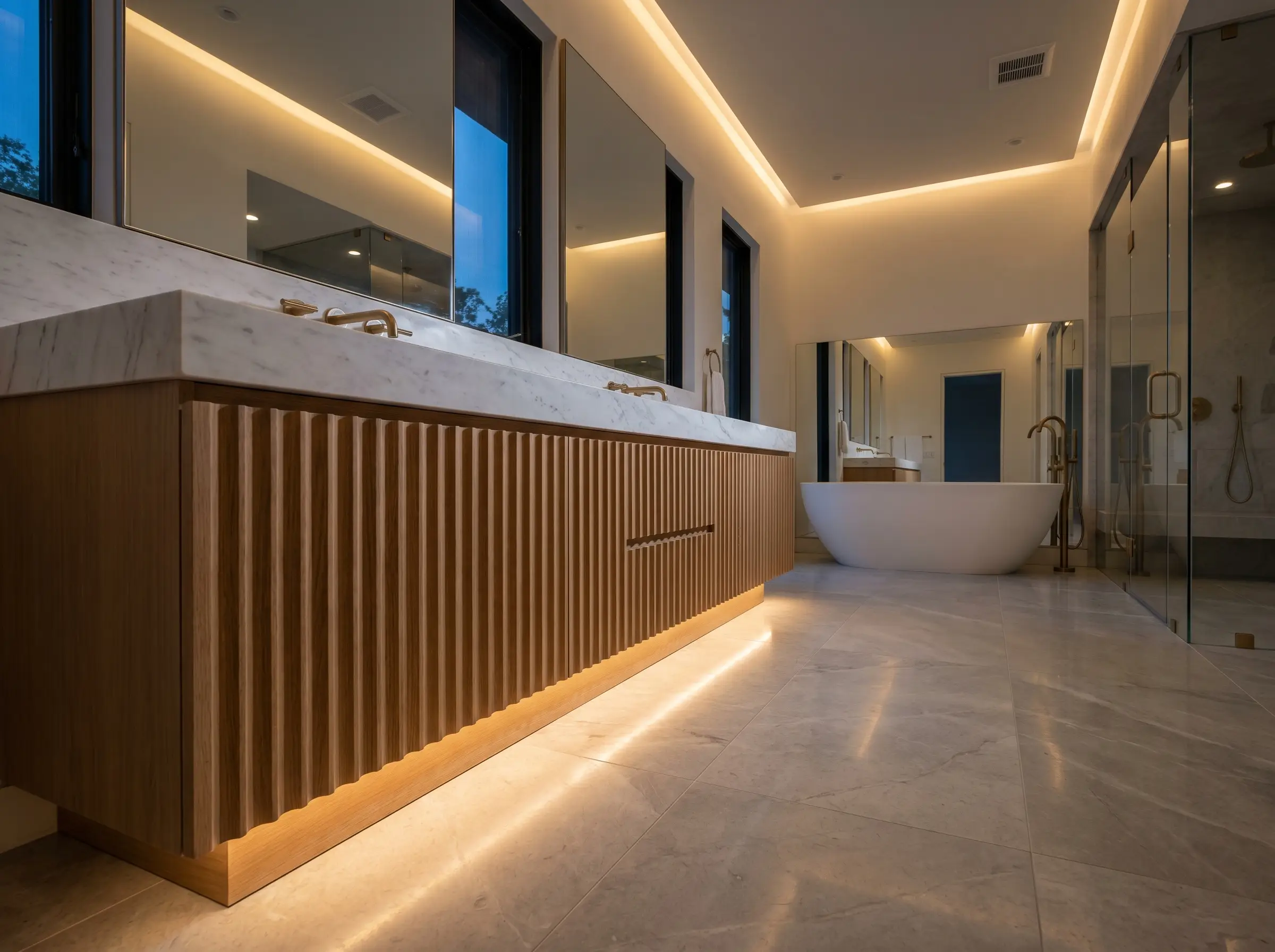A heavy oak cabinet with two-inch concave scalloped grooves commands a large primary en-suite layout above elegant stone flooring.