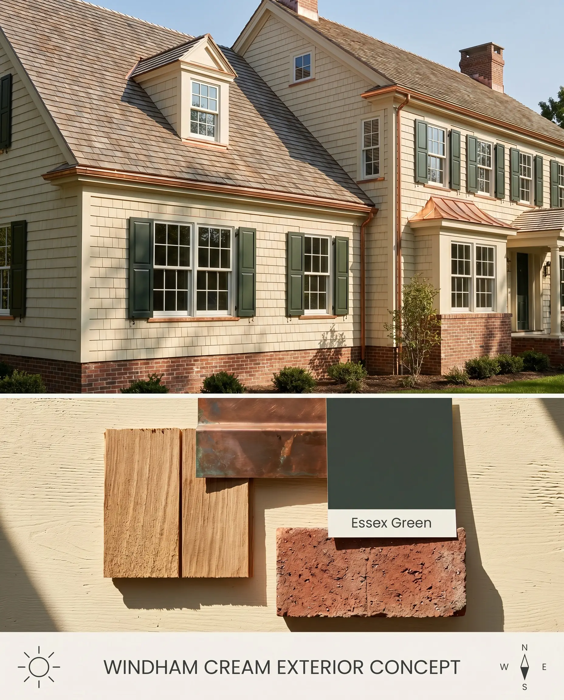This split digital conceptual board showcases a traditional home with sunlit cream cedar siding above, and a flat-lay of copper flashing, red brick, and cedar shingles below.