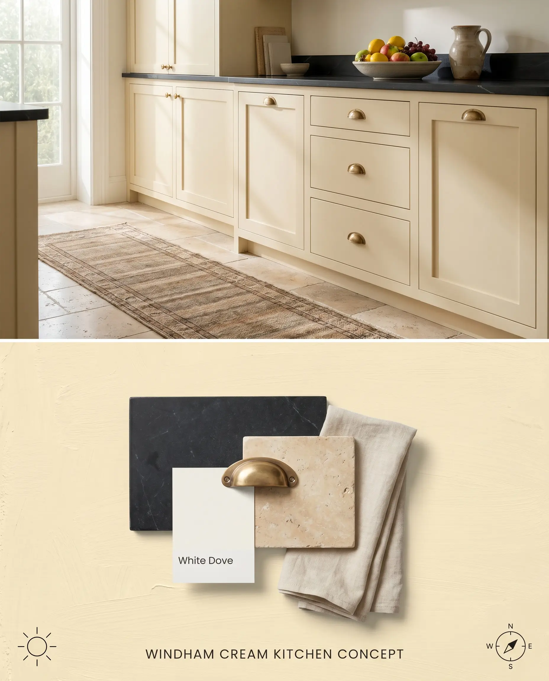 A split digital conceptual board showing a sunlit cream kitchen with black countertops on top, and physical travertine, brass, and soapstone materials below.