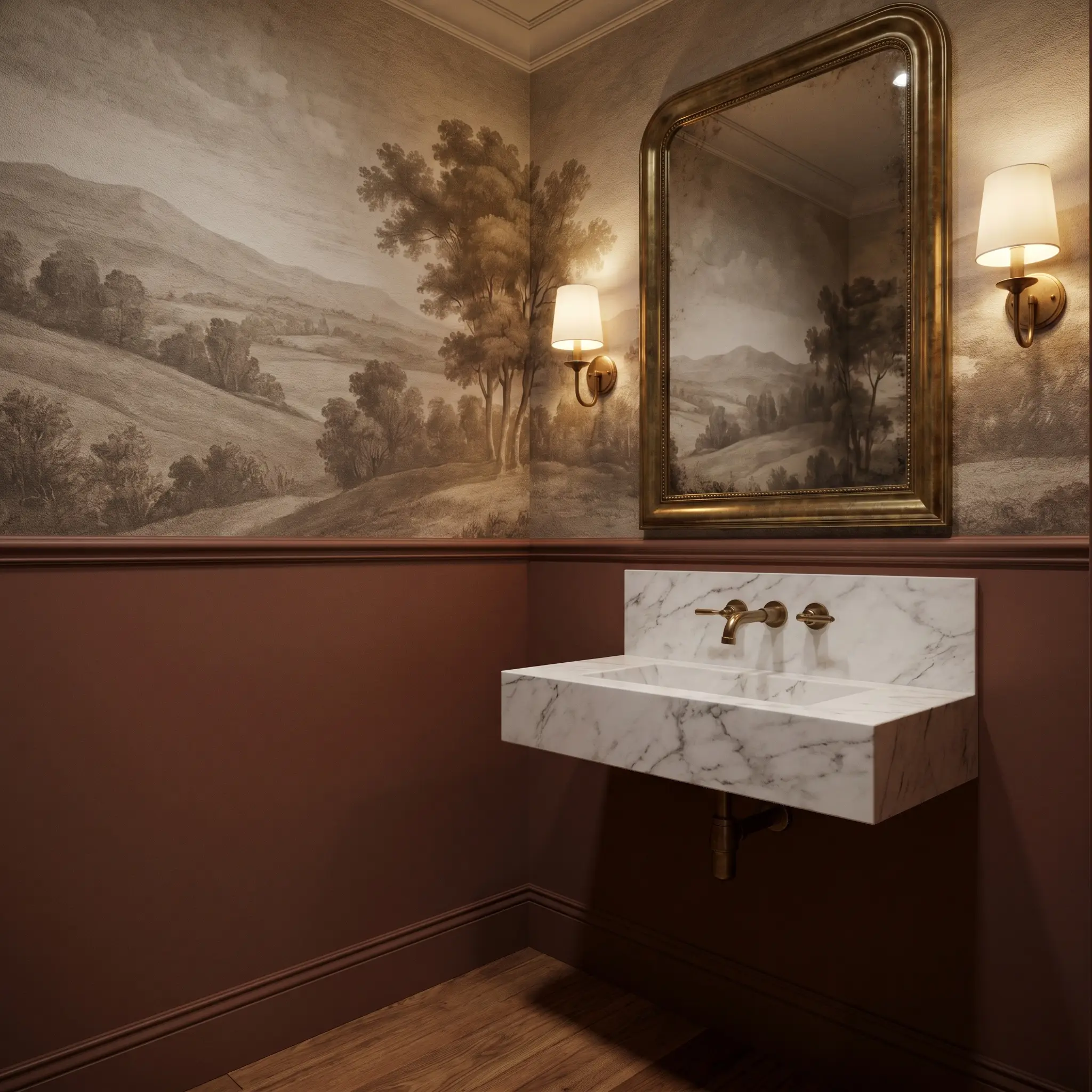 A floating white marble basin and oversized antiqued brass mirror sit above a grounding shade of earthy red wainscoting in a compact windowless washroom.