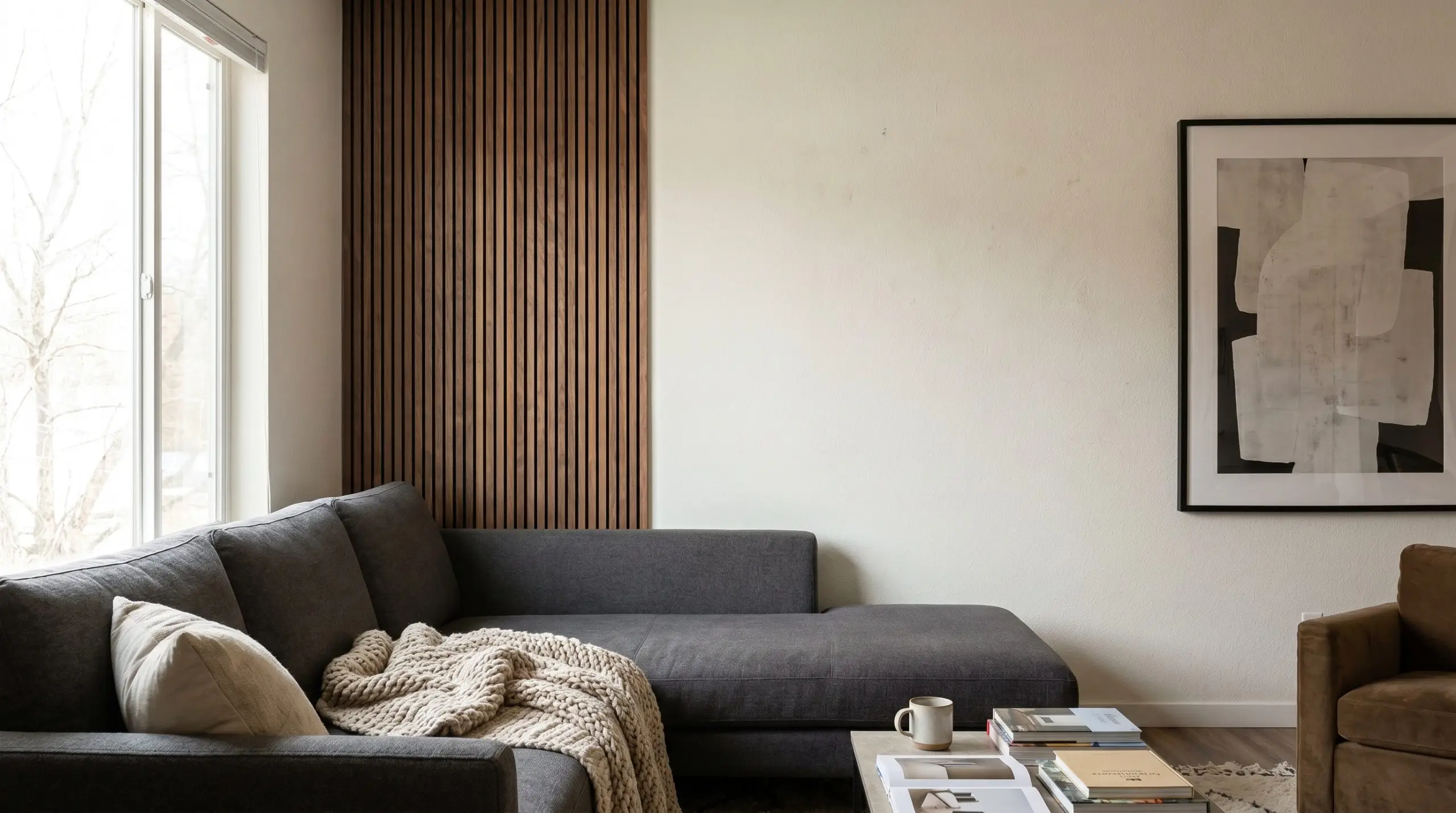 A four-foot wide vertical strip forms a wood slat accent wall behind sofa, positioned asymmetrically behind the chaise lounge of an L-shaped sectional.