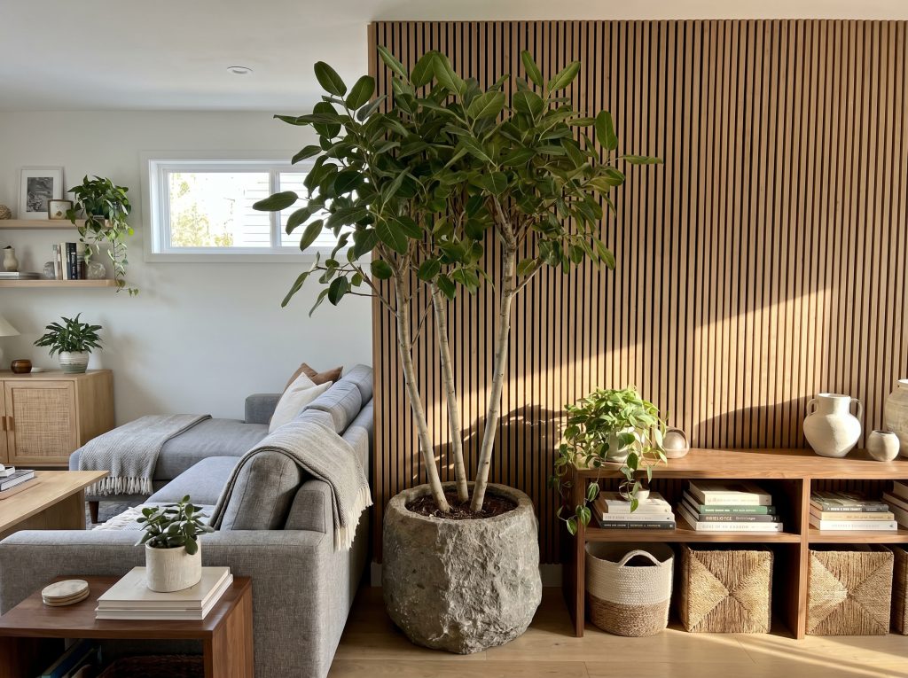A sculptural Ficus Audrey tree in a textured stone planter fills the negative space between a modern sofa and continuous acoustic slat panels.