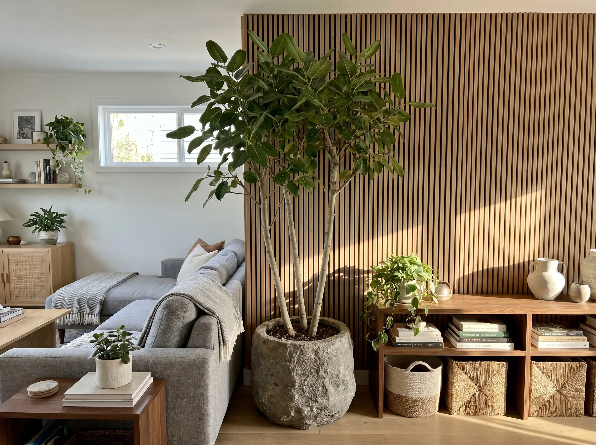 A sculptural Ficus Audrey tree in a textured stone planter fills the negative space between a modern sofa and continuous acoustic slat panels.