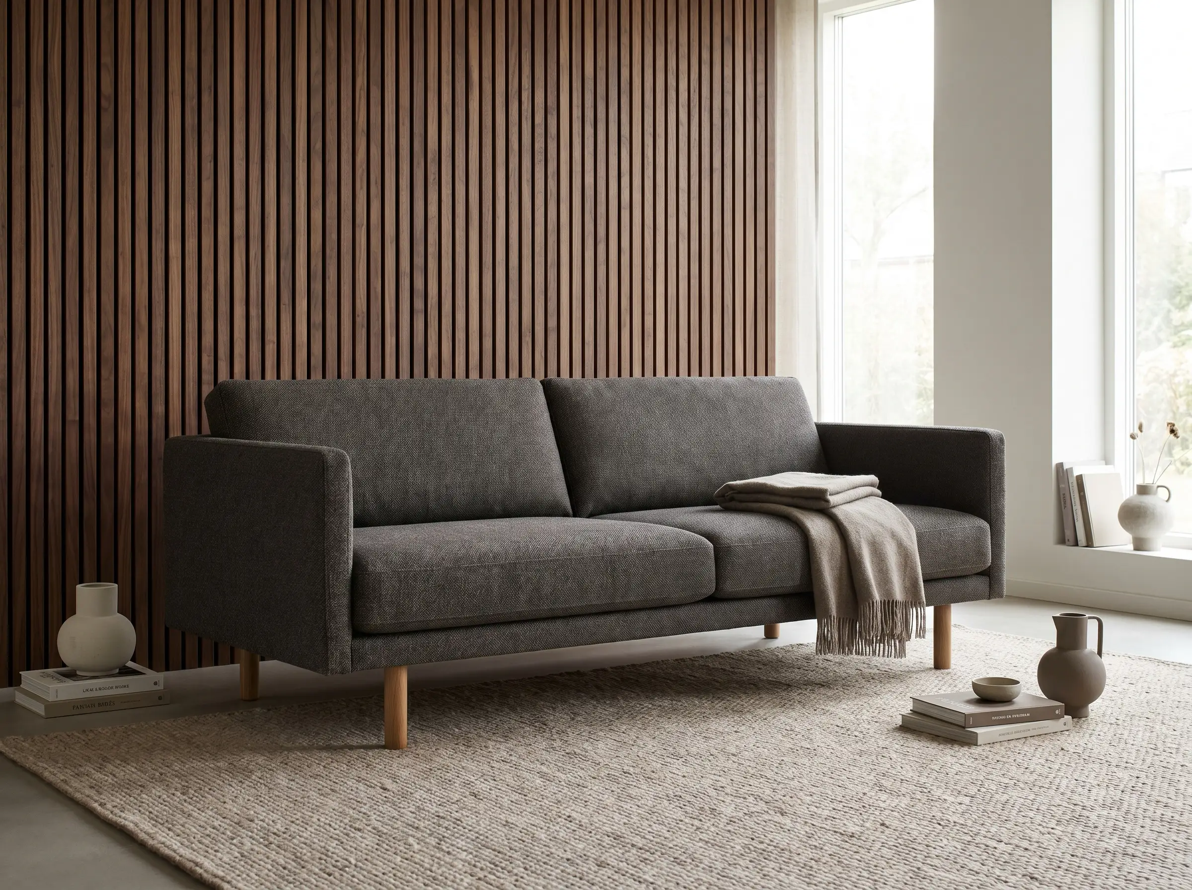 Exposed cylindrical oak legs on a modern sofa perfectly match the custom-stained real wood veneer slat wall directly behind the seating area.