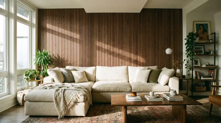 Styling a Wood Slat Accent Wall Behind Your Sofa