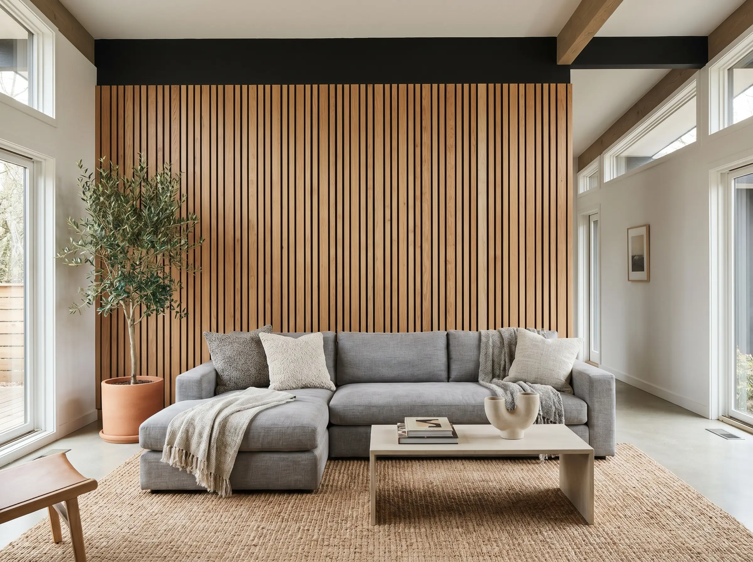 Vertical acoustic slat panels stop eight inches below the ceiling to expose a matte black shadow reveal gap above a stylish living room couch.