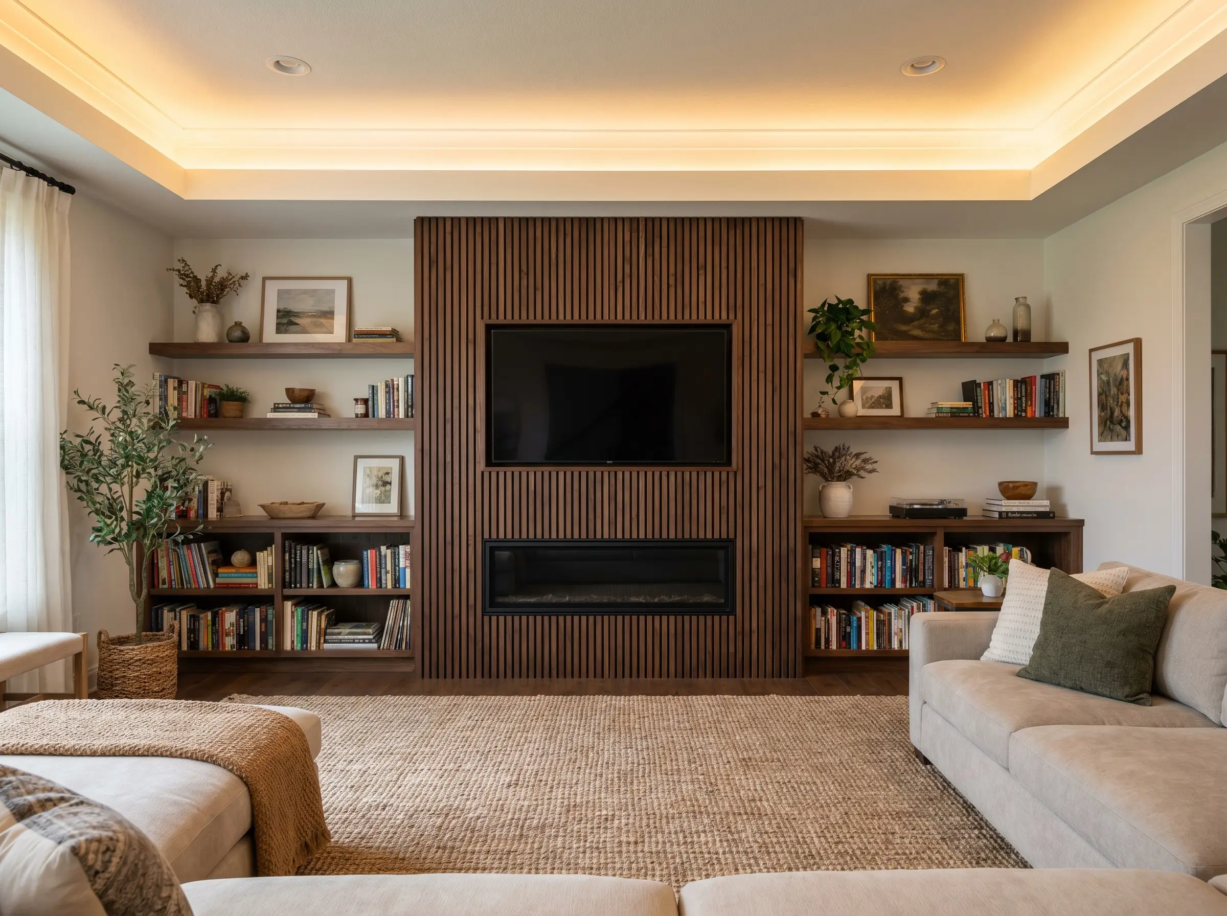 A faux chimney breast wrapped entirely in dark walnut slat panels houses a recessed television and linear fireplace between alcoves with floating wood shelves.