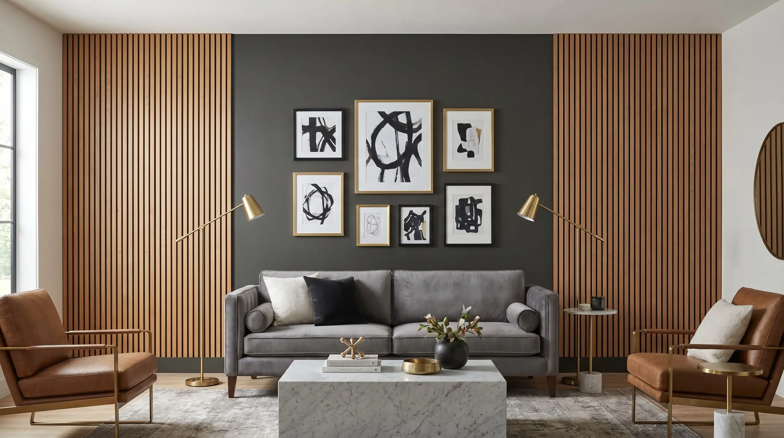Acoustic slat panels flank the left and right thirds of a living room wall, leaving a smooth Sherwin-Williams Iron Ore center behind the sofa.