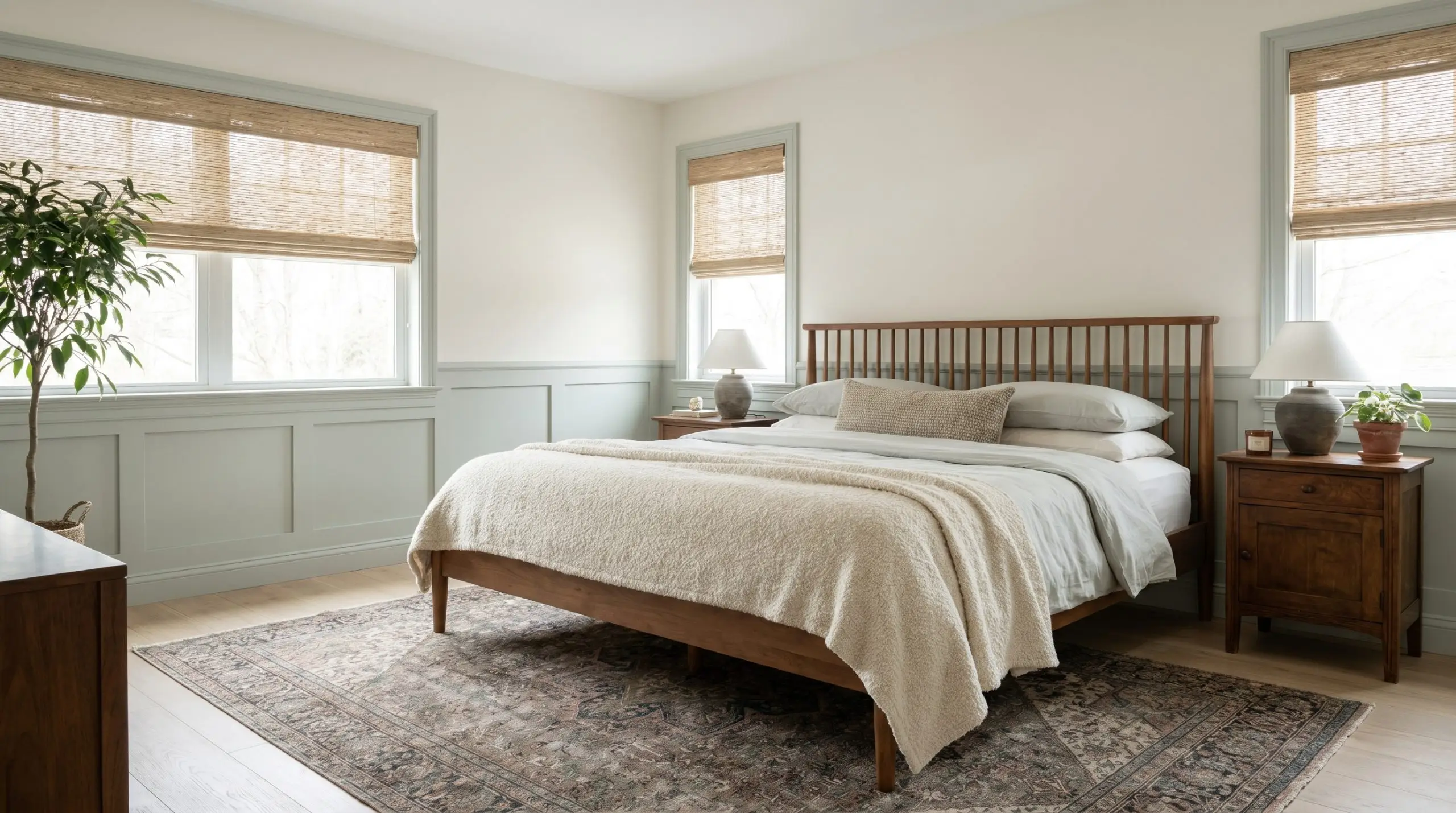 A wooden spindle bed dressed in washed percale sheets rests beside lower wainscoting painted in Benjamin Moore Palladian Blue (Hex #C1D1C9).
