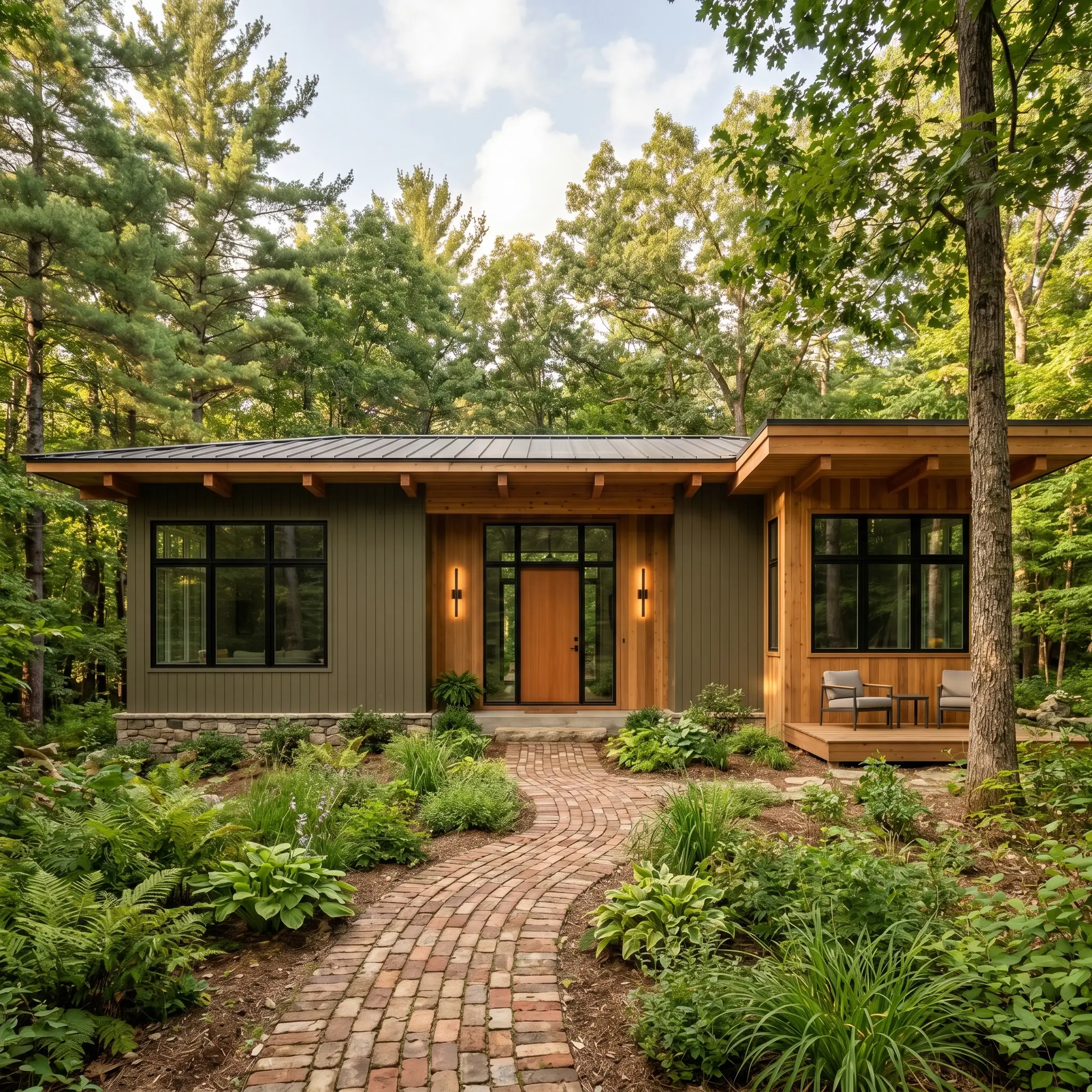 A muddy green architectural finish coats a woodland home exterior siding, paired with natural cedar wood accents and matte blackened steel light fixtures.