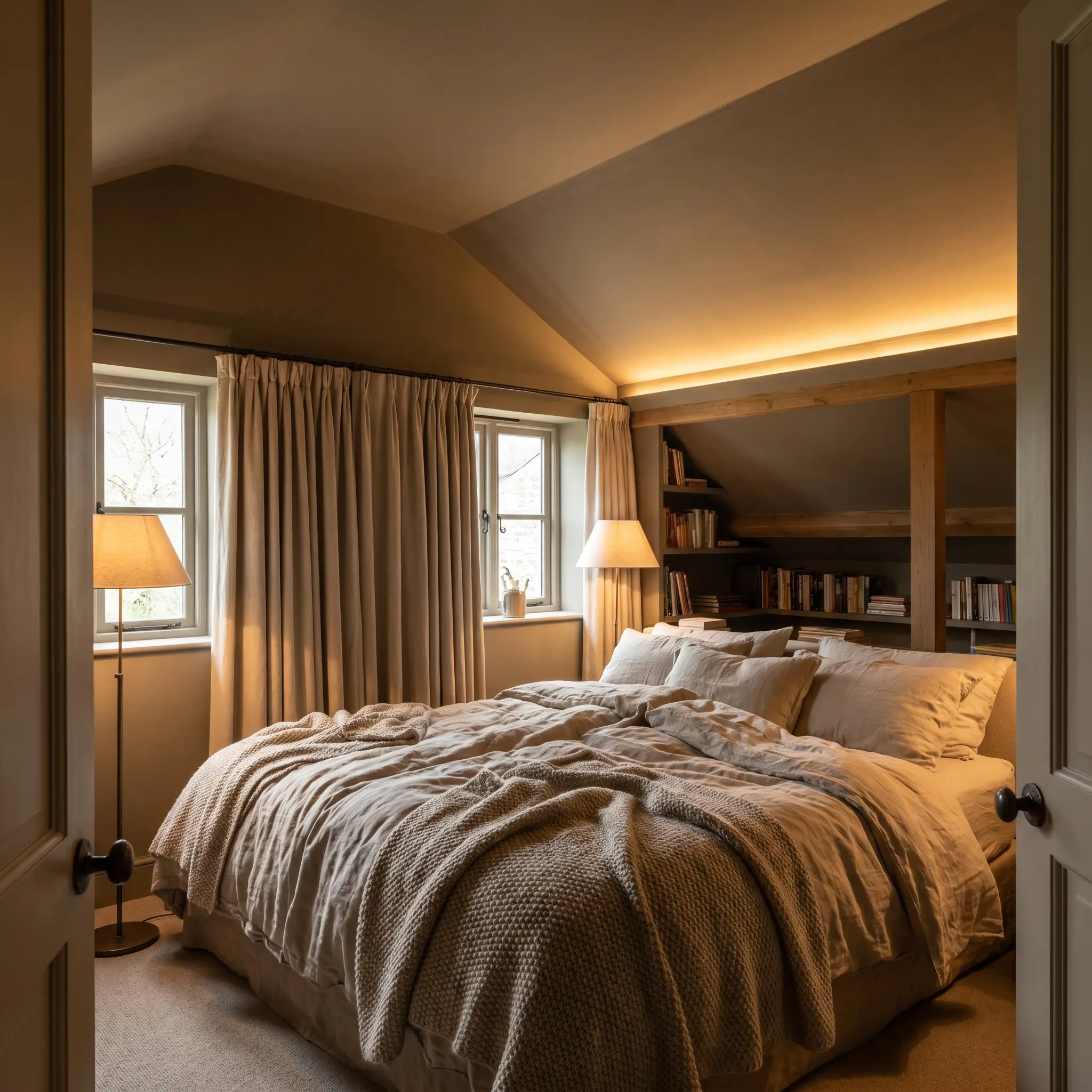 Thick linen sheets and worsted wool throws layer a bed surrounded by brushed canvas curtains and a monochromatic taupe base architectural shell.