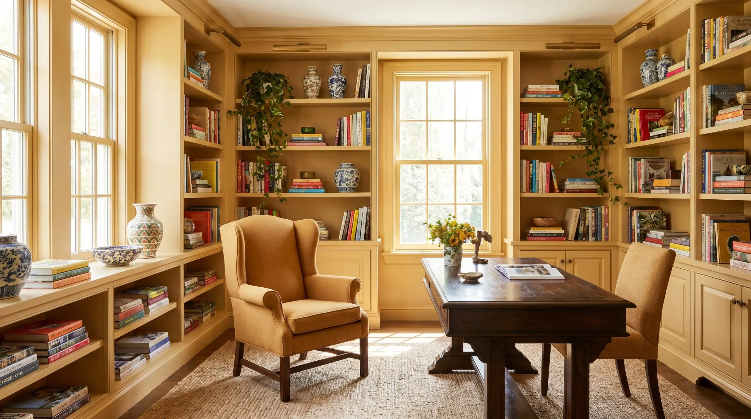 A worsted wool wingback chair and heavy dark wood desk center a home office enveloped in built-in bookcases painted a vibrant apricot micro-nuance.