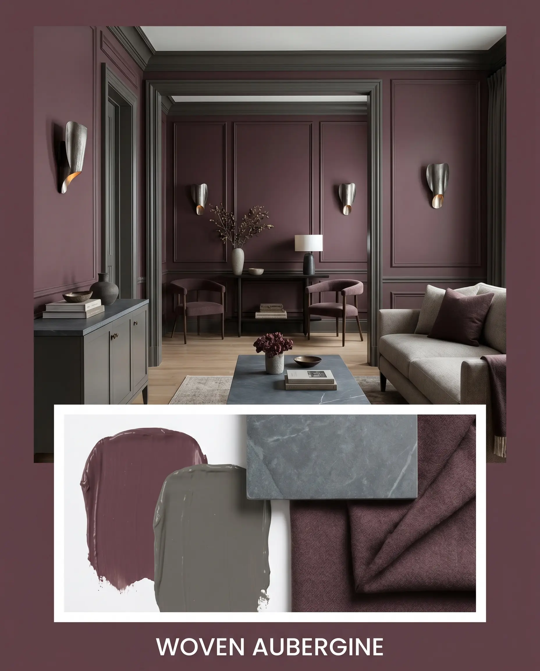 Matte soapstone slabs and folded worsted wool fabric anchor a material flat-lay beneath a photorealistic room styled with enveloping plum cast walls.