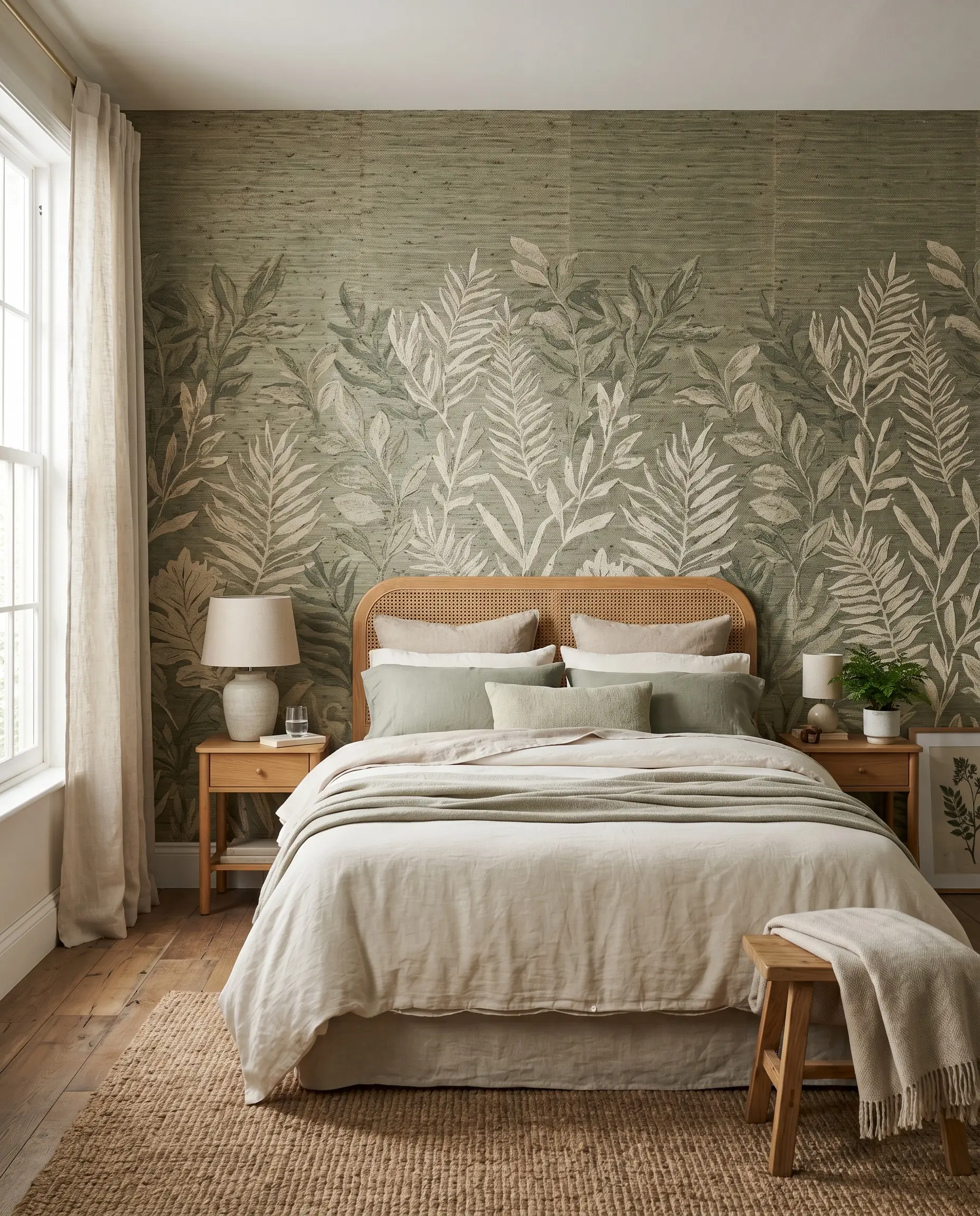 A large-scale botanical wallpaper made of natural woven grasscloth displays earthy sage and cream flora behind a standard bed.