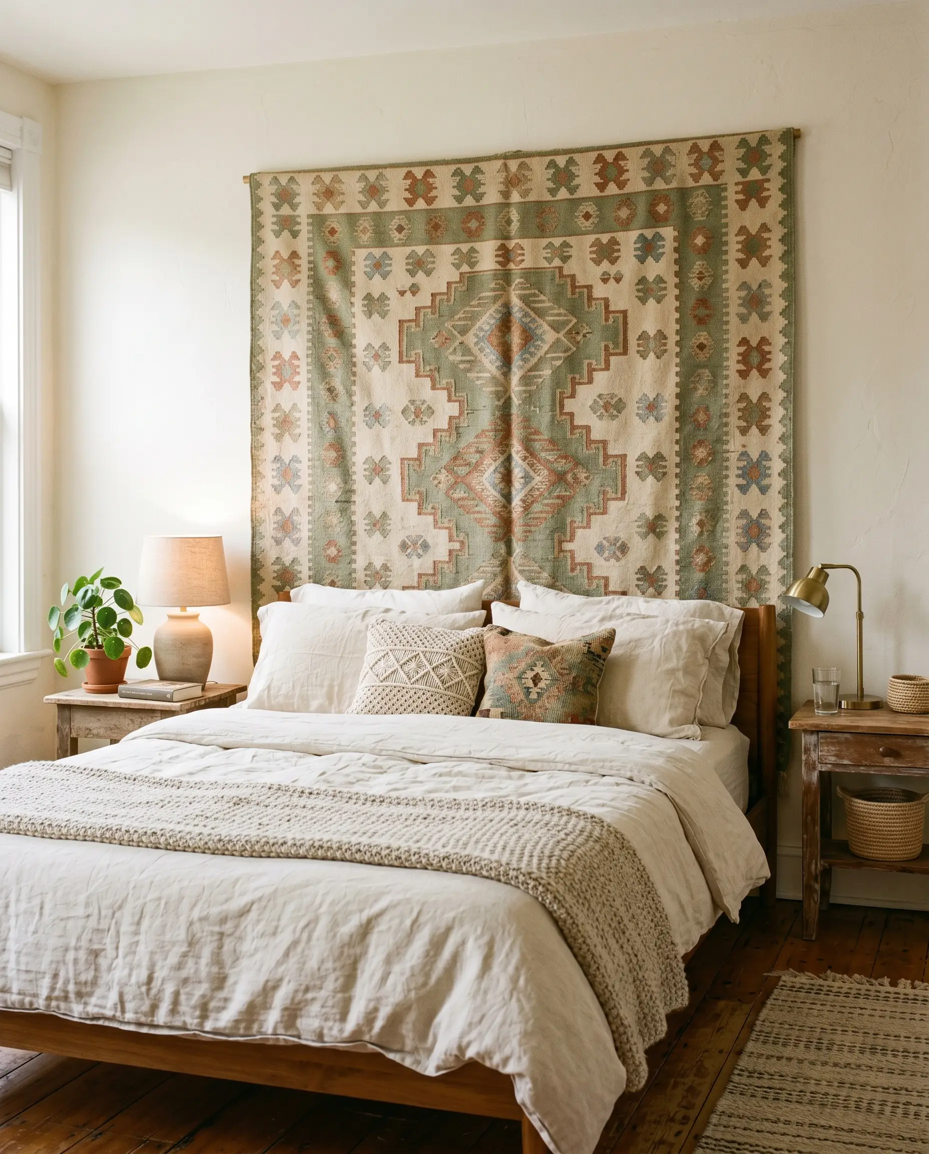 A large cream and sage woven vintage kilim tapestry hangs on a hidden rod behind a standard bed layered with cream bedding.
